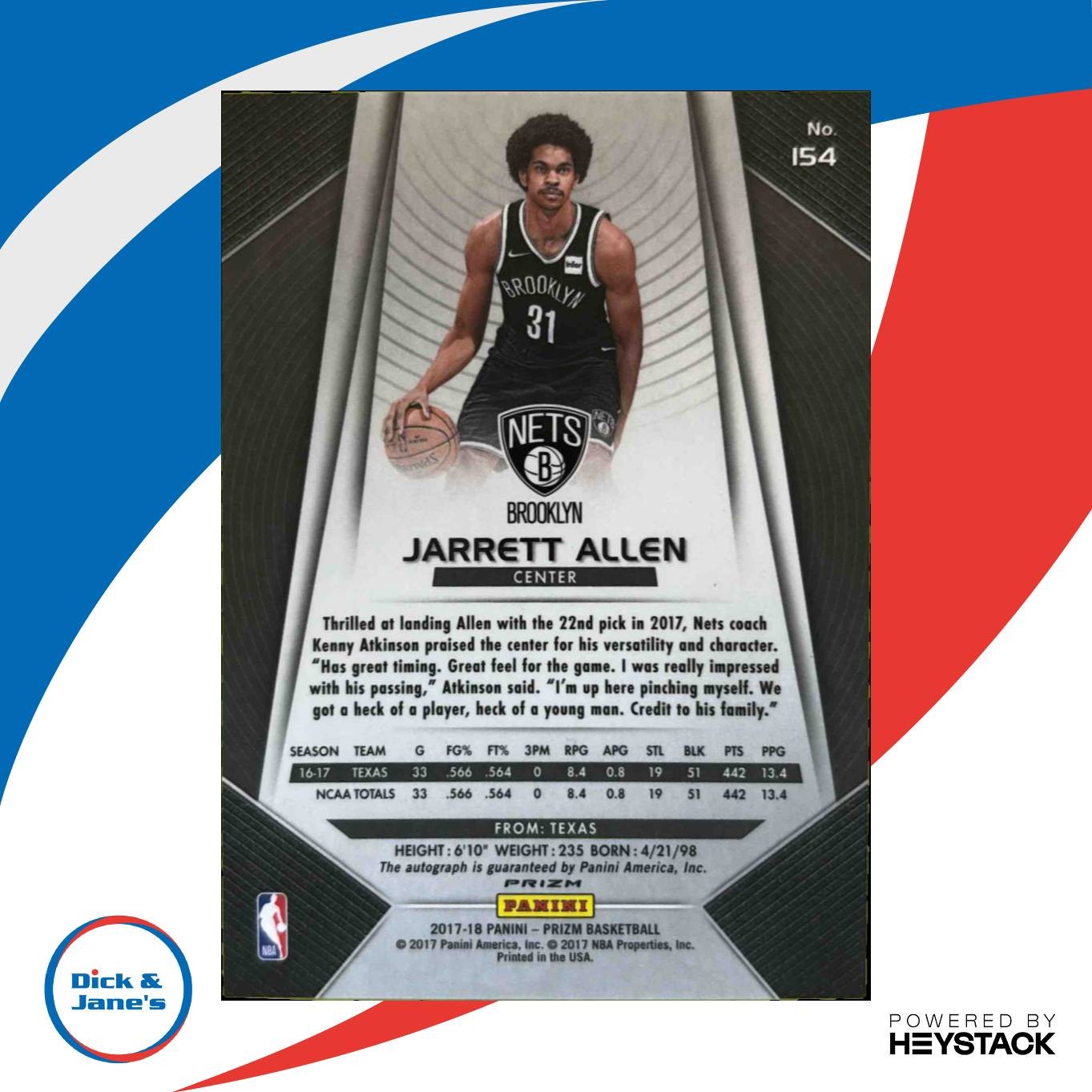 2017-18 Panini Prizm Jarrett Allen Auto Silver #154 RC Brooklyn Nets - Sports Cards