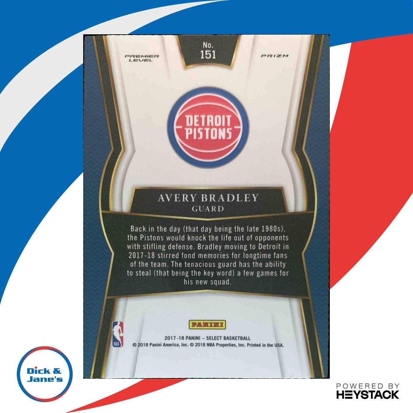 2017-18 Panini Select Avery Bradley Zebra Prizms #151 Detroit Pistons - Sports Cards