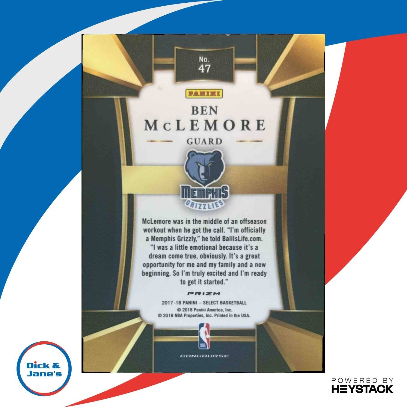 2017-18 Panini Select Ben McLemore Zebra Prizms #47 Concourse Memphis Grizzlies - Sports Cards