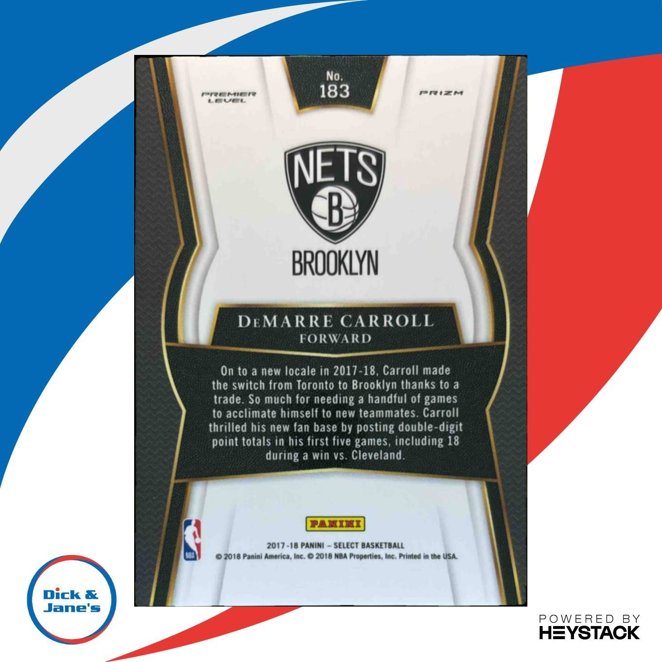 2017-18 Panini Select DeMarre Carroll Zebra Prizms #183 Brooklyn Nets - Sports Cards