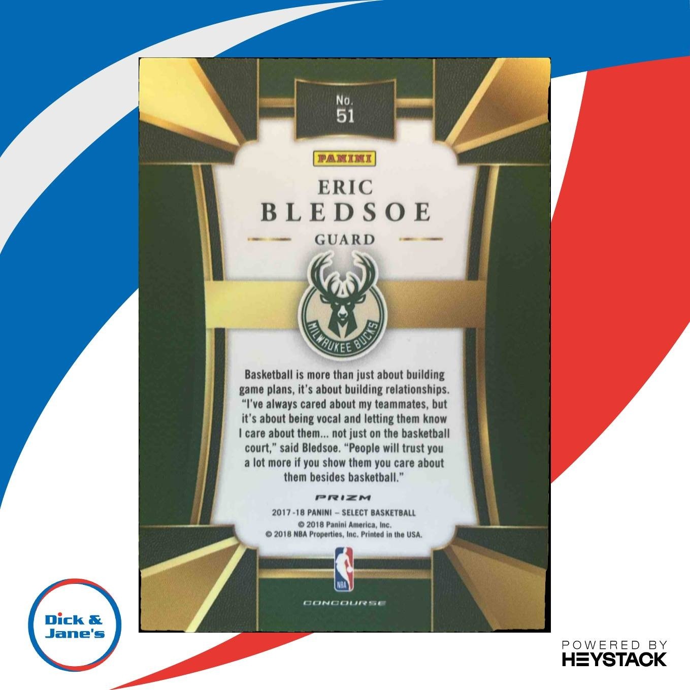 2017-18 Panini Select Eric Bledsoe Zebra Prizms #51 Concourse Milwaukee Bucks - Sports Cards