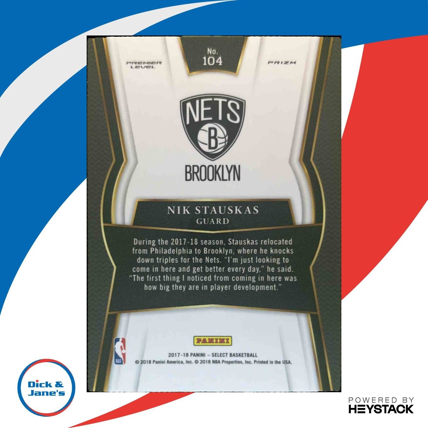 2017-18 Panini Select Nik Stauskas Zebra Prizms #104 Premier Level Brooklyn Nets - Sports Cards
