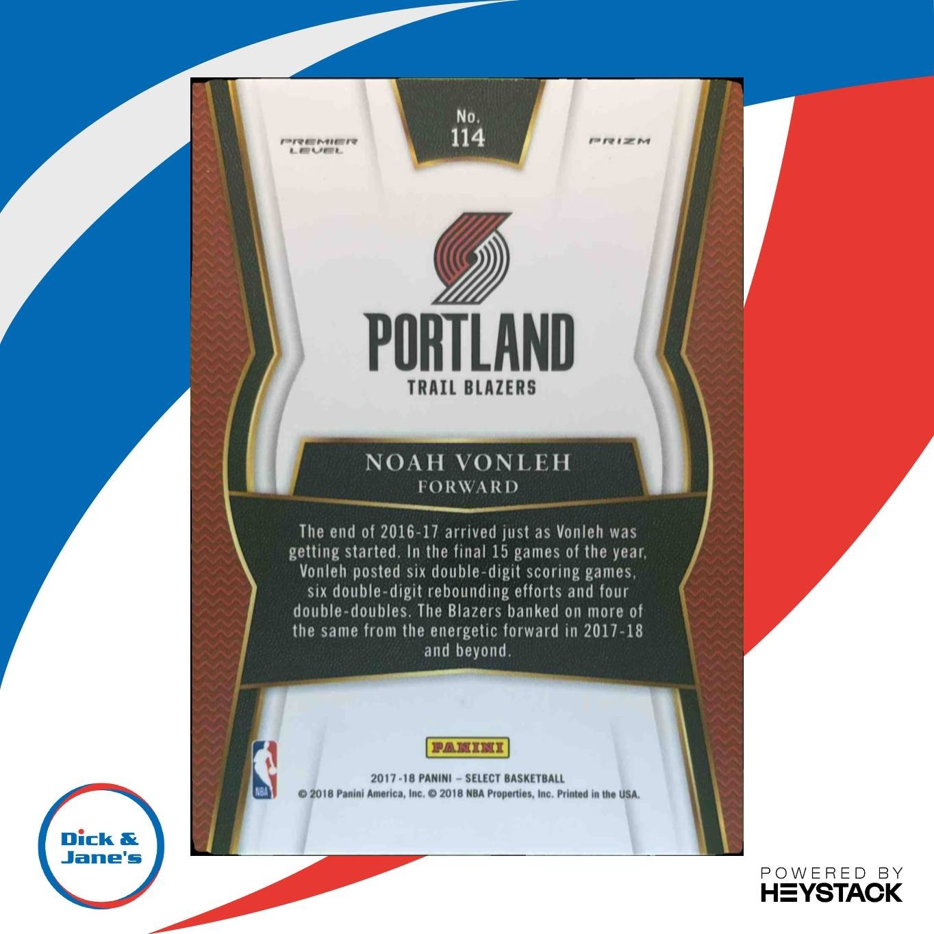 2017-18 Panini Select Noah Vonleh Zebra Prizms #114 Portland Trail Blazers - Sports Cards