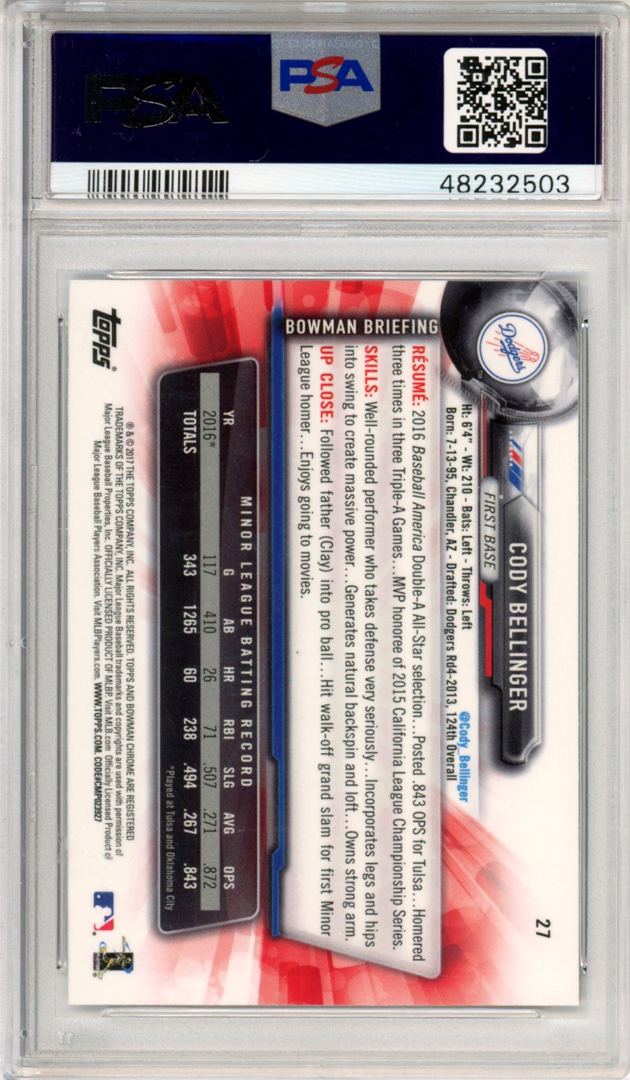 2017 Bowman Chrome Cody Bellinger Rookie #27 PSA 10 GEM MINT Los Angeles Dodgers Graded Sports Cards