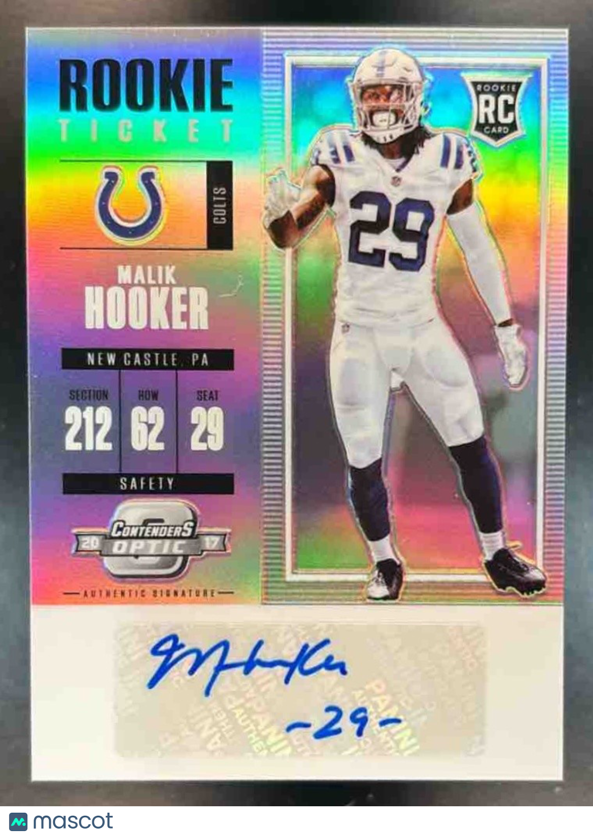 2017 Contenders Optic Malik Hooker Auto #159 RC Rookie Ticket Indianapolis Colts - Sports Cards