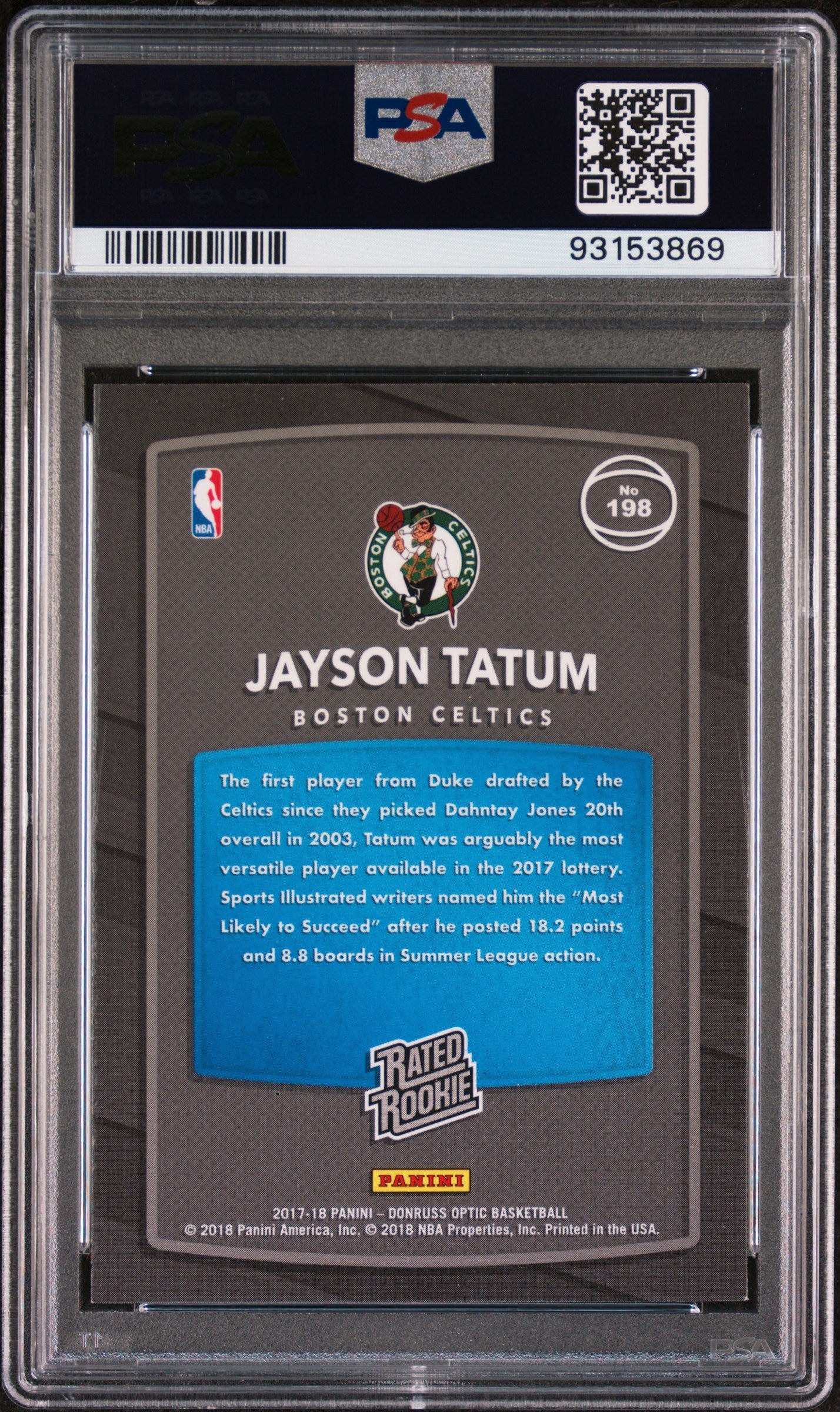 2017 Donruss Optic Jayson Tatum Red Yellow Rookie #198 PSA 10 Boston Celtics - Graded Sports Cards