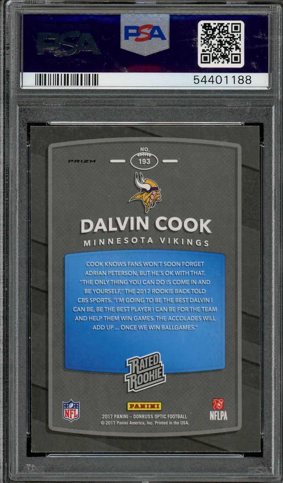2017 Panini Donruss Optic Dalvin Cook Pink Rated Rookie #193 PSA 10 GEM MINT - Graded Sports Cards