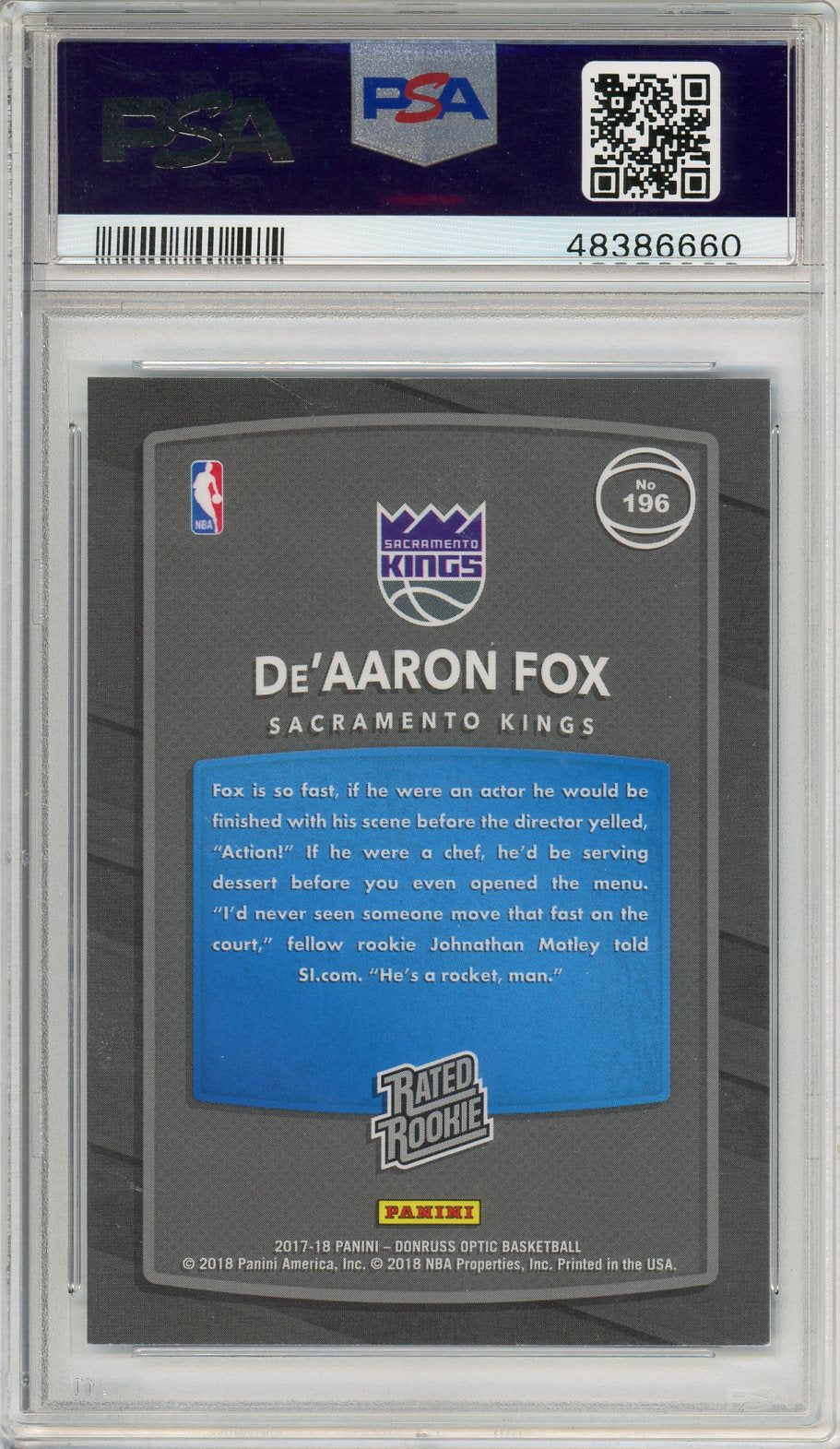 2017 Panini Donruss Optic De’aaron Fox Rookie #196 PSA 9 Sacramento Kings - Graded Sports Cards