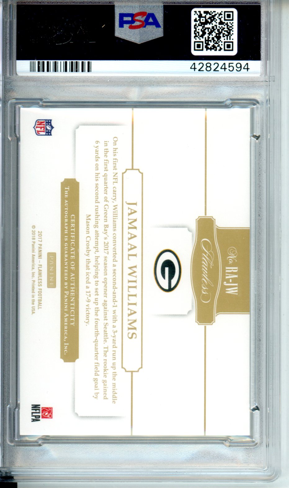 2017 Panini Flawless Rookie Autograph Jamaal Williams Autograph Emerald /5 PSA 9 Graded Sports Cards
