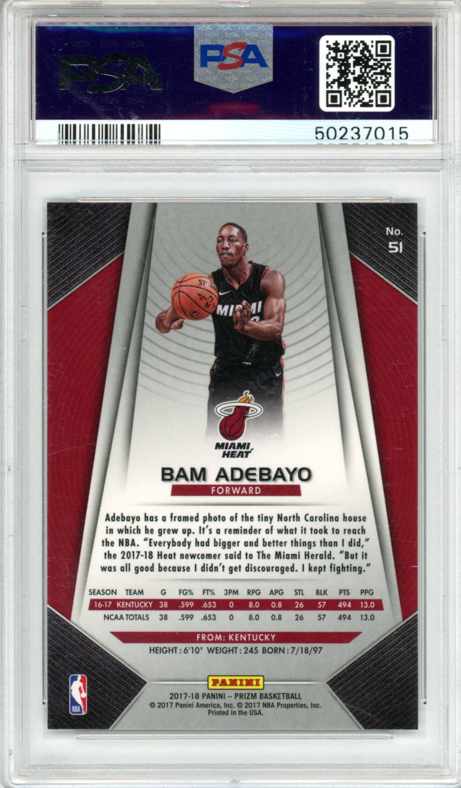 2017 Panini Prizm Bam Adebayo #51 PSA 10 - Graded Sports Cards