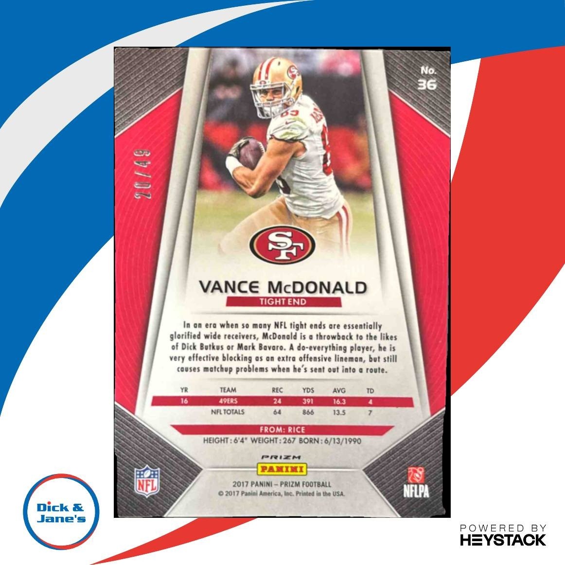 2017 Panini Prizm Vance McDonald Red Power 20/49 #36 San Francisco 49ers - Sports Cards