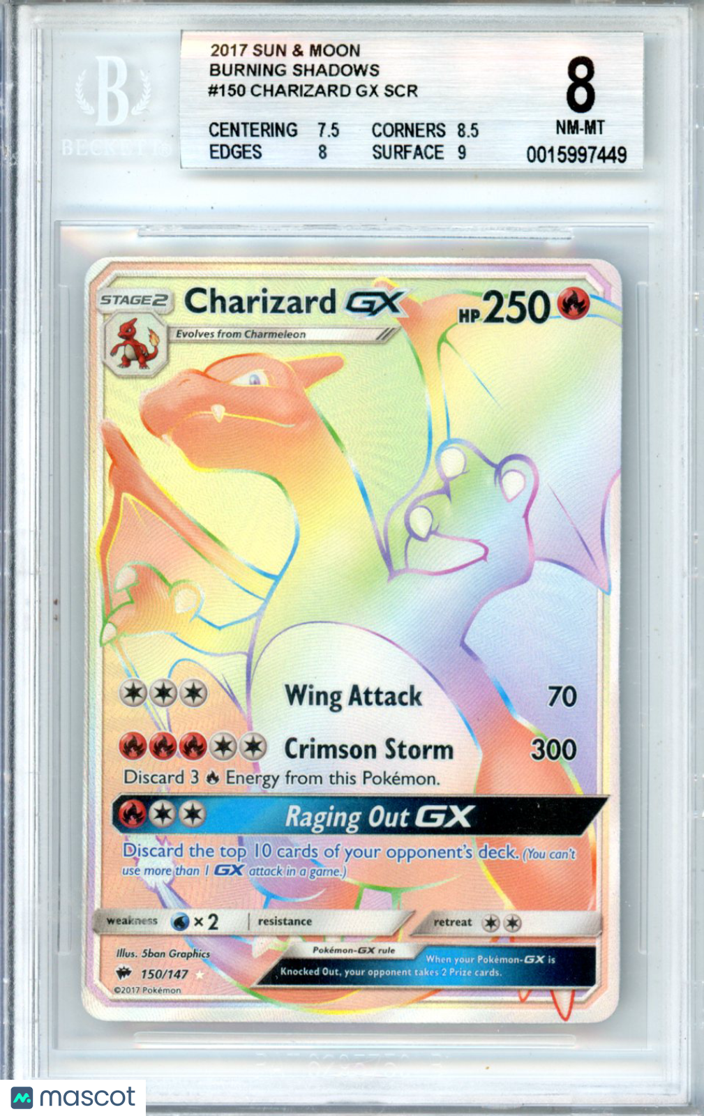 2017 Pokemon Sun and Moon Burning Shadows Charizard GX SCR #150 BGS 8 - Graded Sports Cards