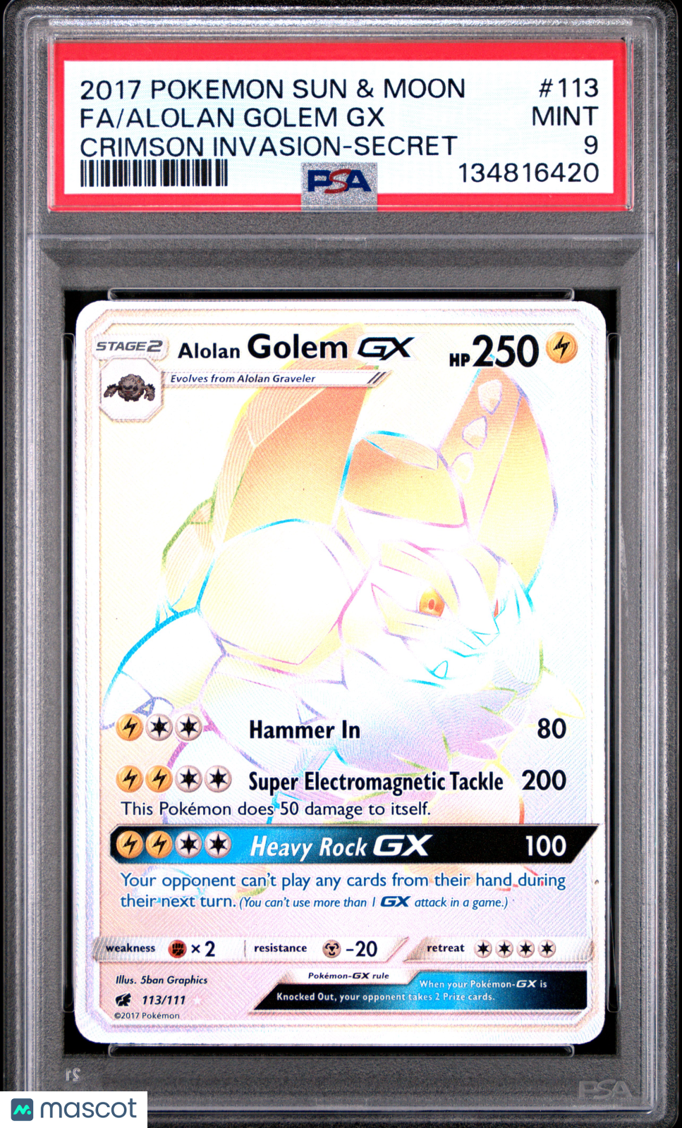 2017 Pokemon Sun & Moon Crimson Invasion Alolan Golem GX #113 Secret FA PSA 9 - Graded TCG/CCG