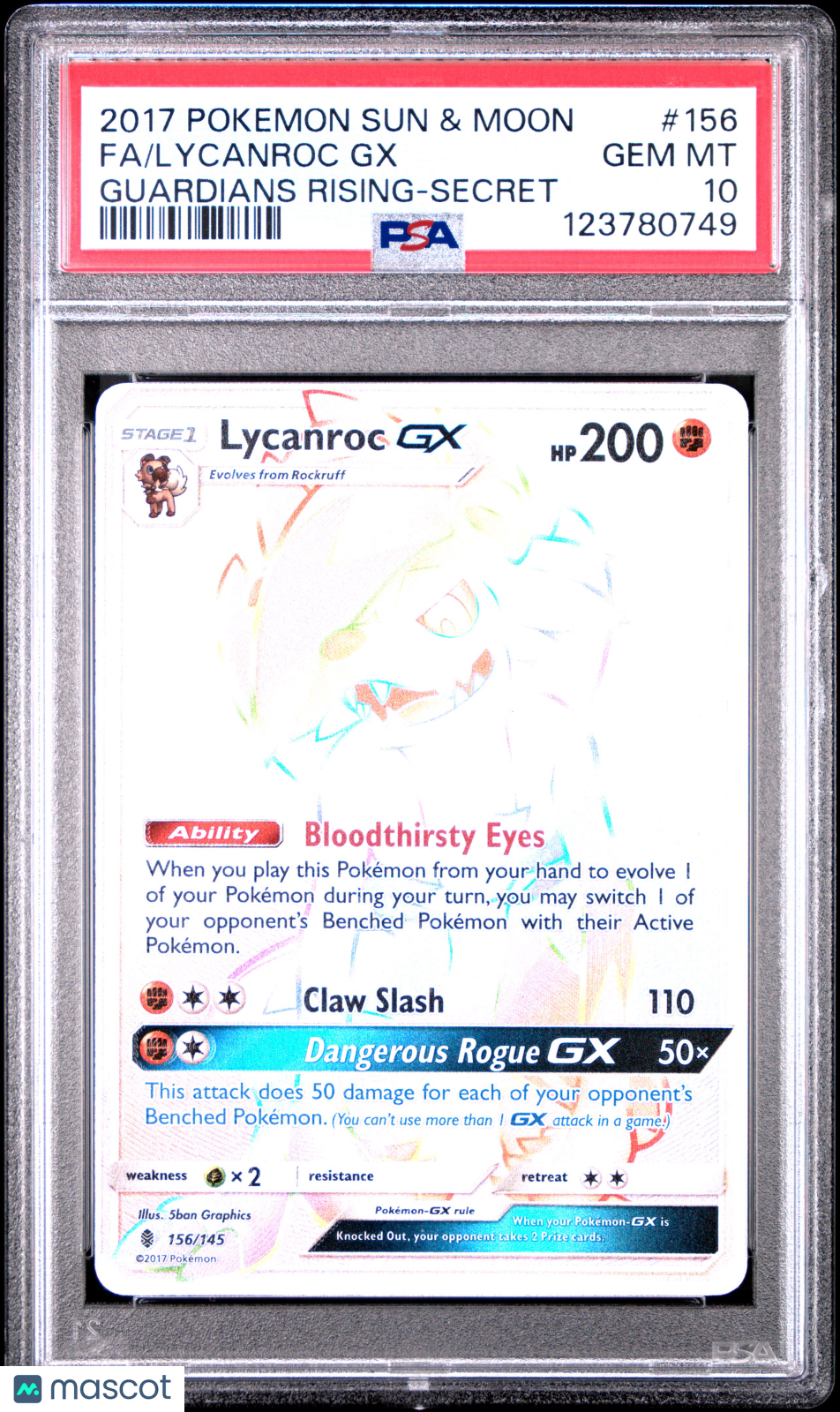 2017 Pokemon Sun & Moon Guardians Rising Lycanroc GX #156 Secret FA PSA 10 GEM - Graded TCG/CCG