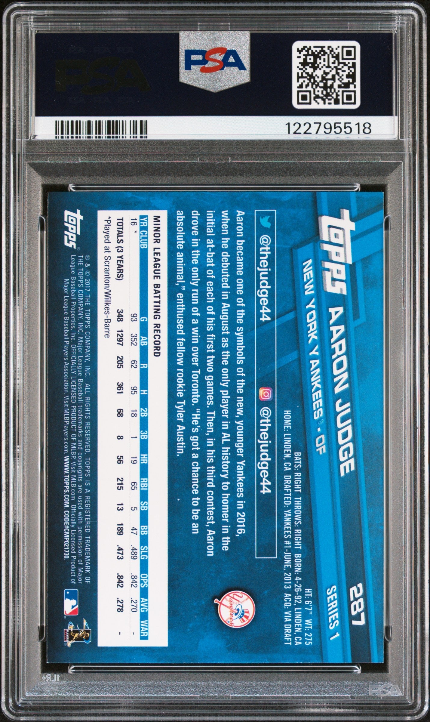 2017 Topps Aaron Judge Rookie #287 PSA 9 MINT New York Yankees - Graded Sports Cards