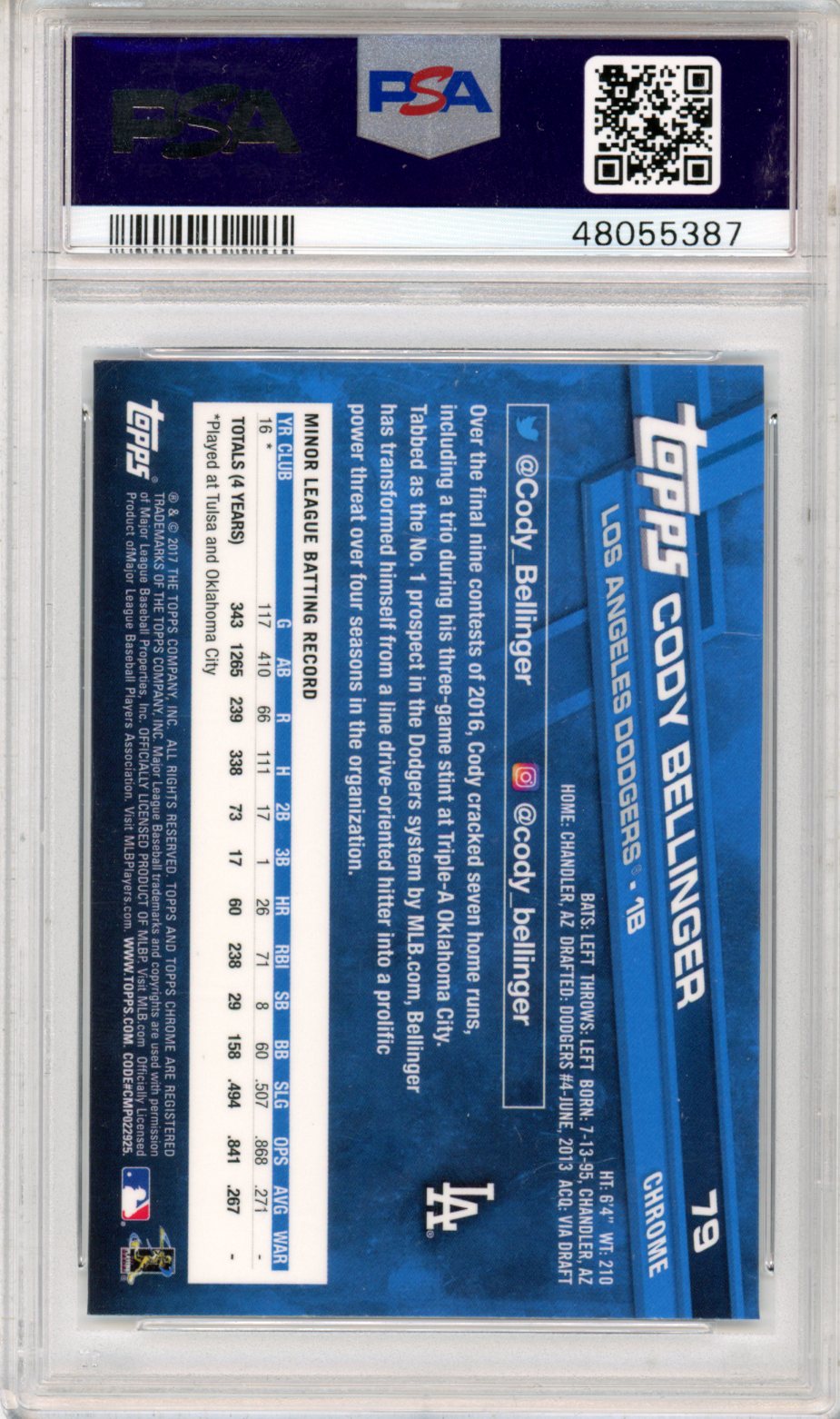 2017 Topps Chrome Cody Bellinger Rookie #79 PSA 9 MINT Los Angeles Dodgers - Graded Sports Cards
