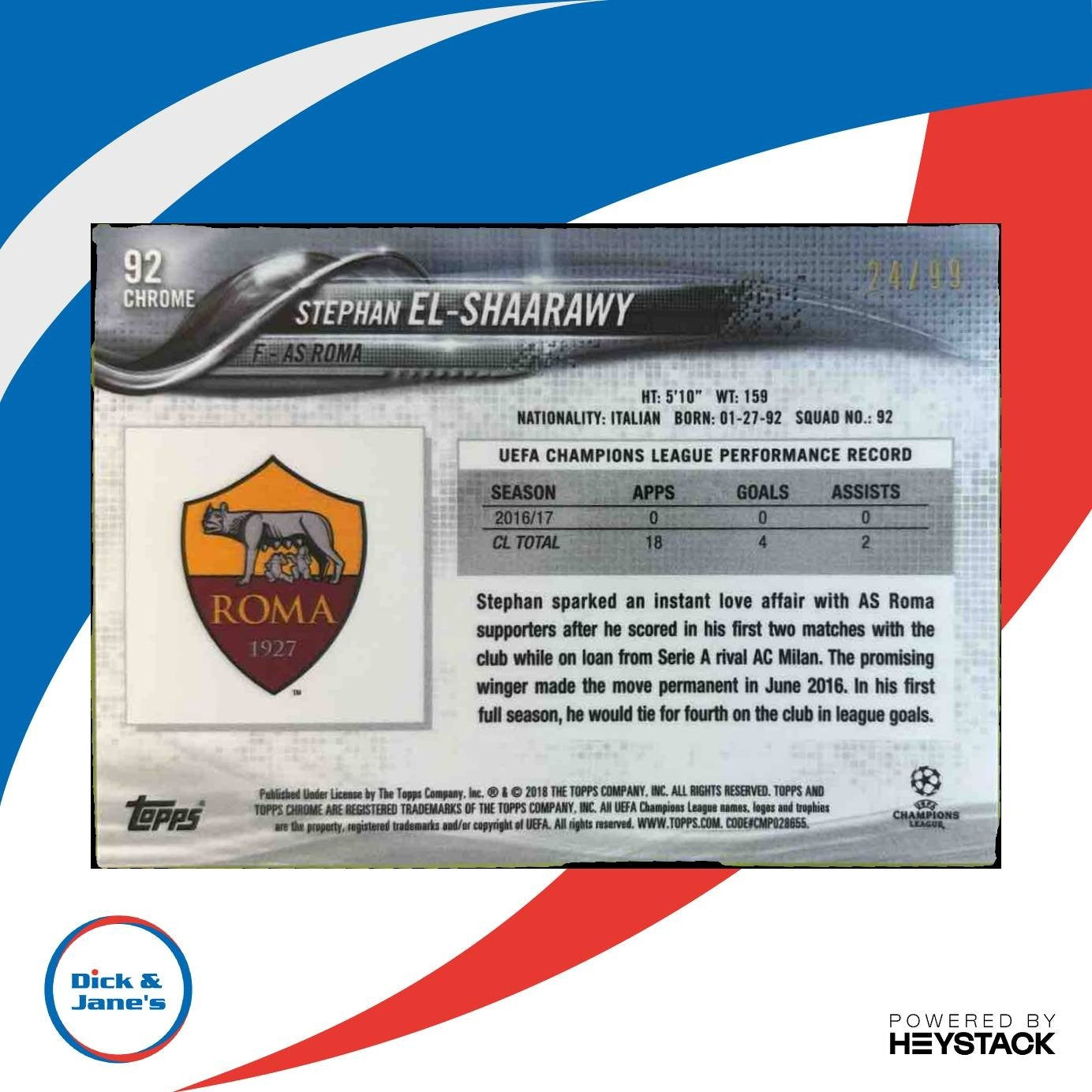 2017 Topps Chrome UEFA Champions League Stephan El Shaarawy Green /99 #92 Roma - Sports Cards