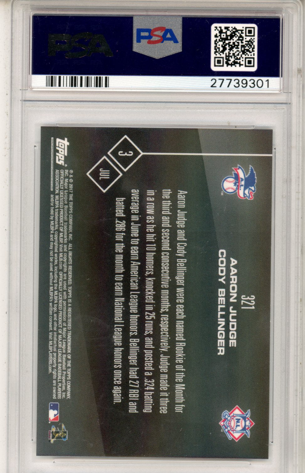 2017 Topps Now C. Bellinger A. Judge #321 PSA 10 - Graded Sports Cards