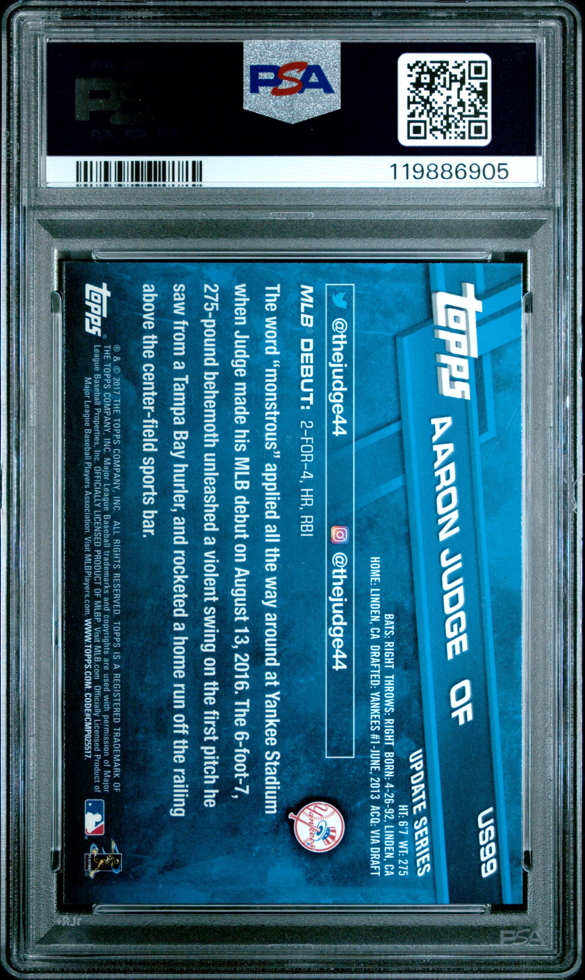 2017 Topps Update Aaron Judge Rookie Debut #US99 PSA 10 - Graded Sports Cards