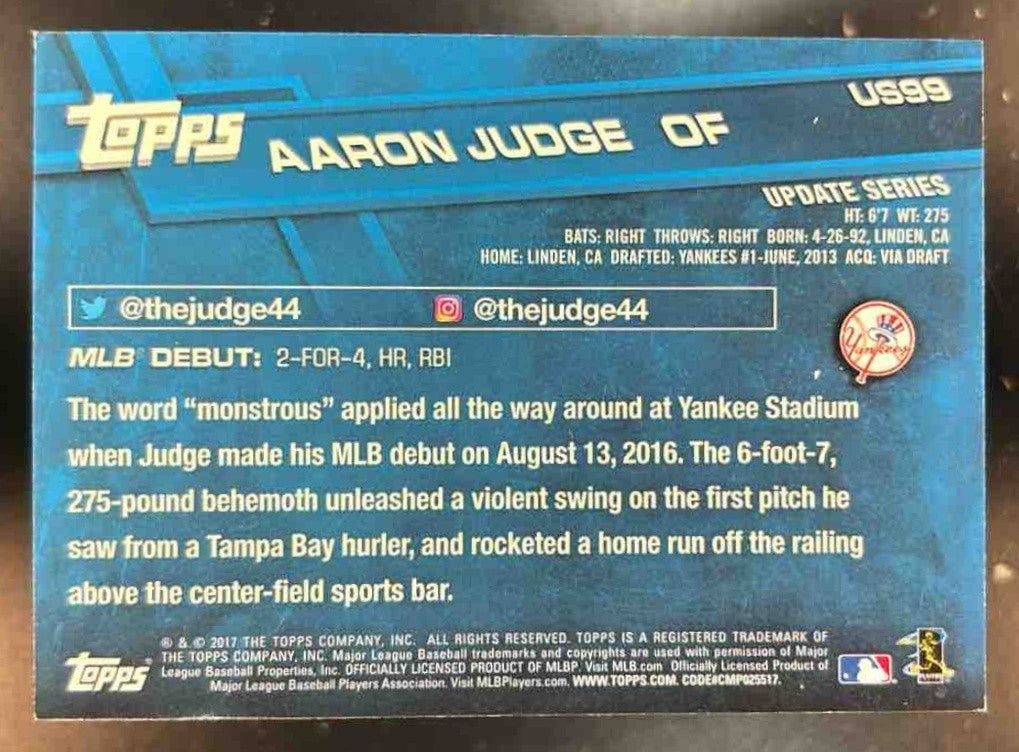 2017 Topps Update Aaron Judge #US99 RC New York Yankees - Sports Cards