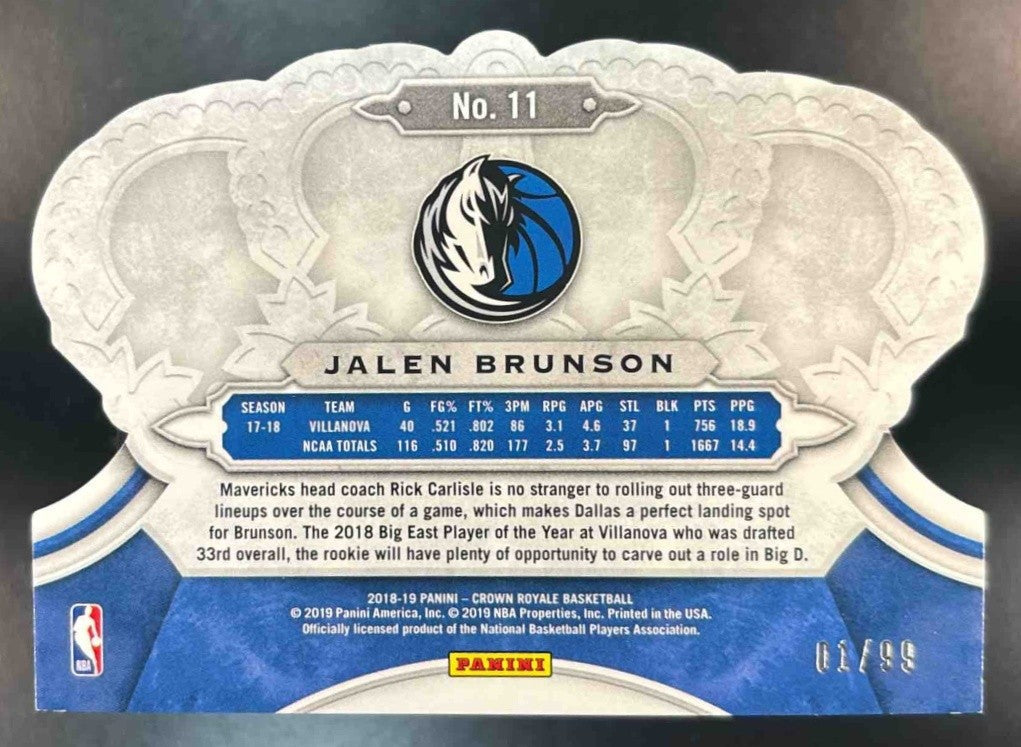 2018-19 Panini Crown Royale Jalen Brunson Crystal 1/99 #11 RC Dallas Mavericks - Sports Cards