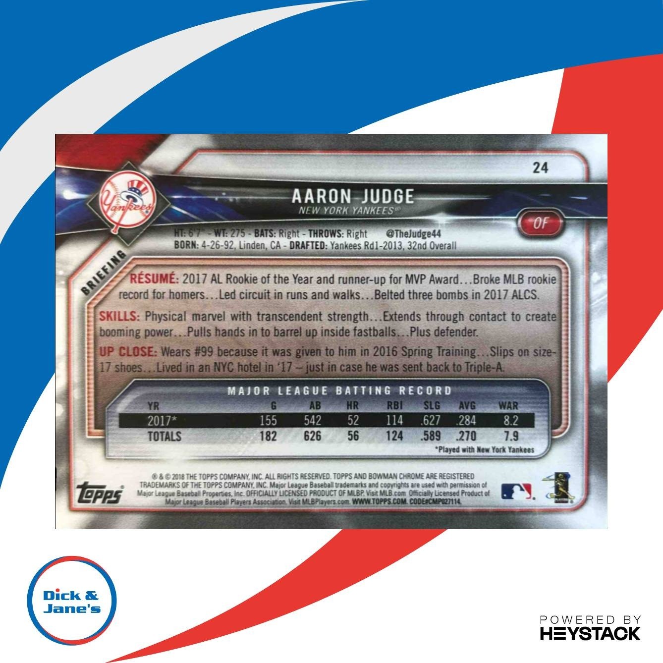 2018 Bowman Aaron Judge Blue 120/150 #24 New York Yankees - Sports Cards