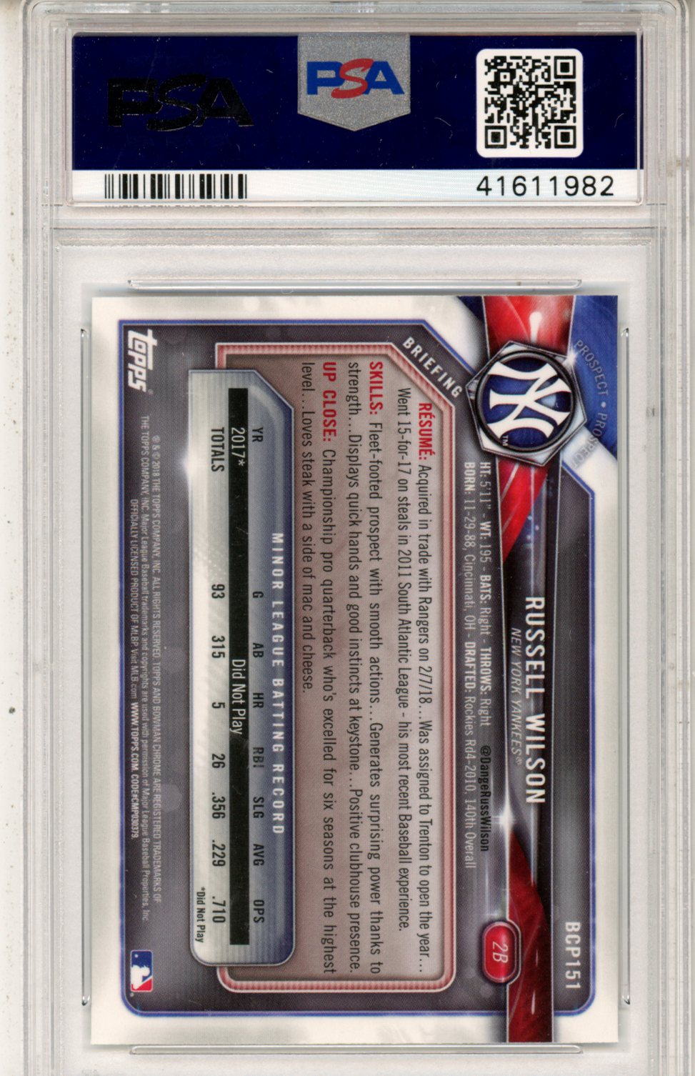 2018 Bowman Chrome Prospects Russell Wilson #BCP151 PSA 10 - Graded Sports Cards