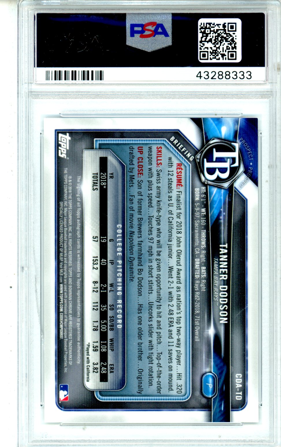 2018 Bowman Draft Chrome Draft Picks Autographs Tanner Dodson #CDATD PSA 10 - Graded Sports Cards