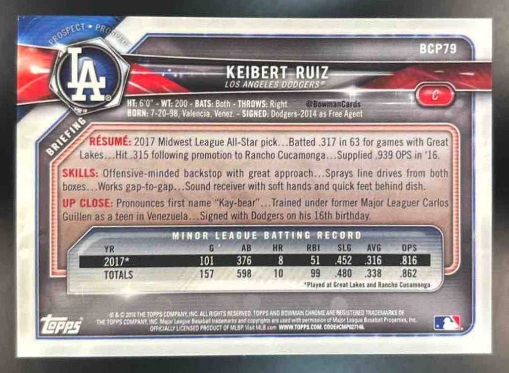 2018 Bowman Keibert Ruiz Chrome Prospects Yellow /75 #BCP79 Los Angeles Dodgers - Sports Cards