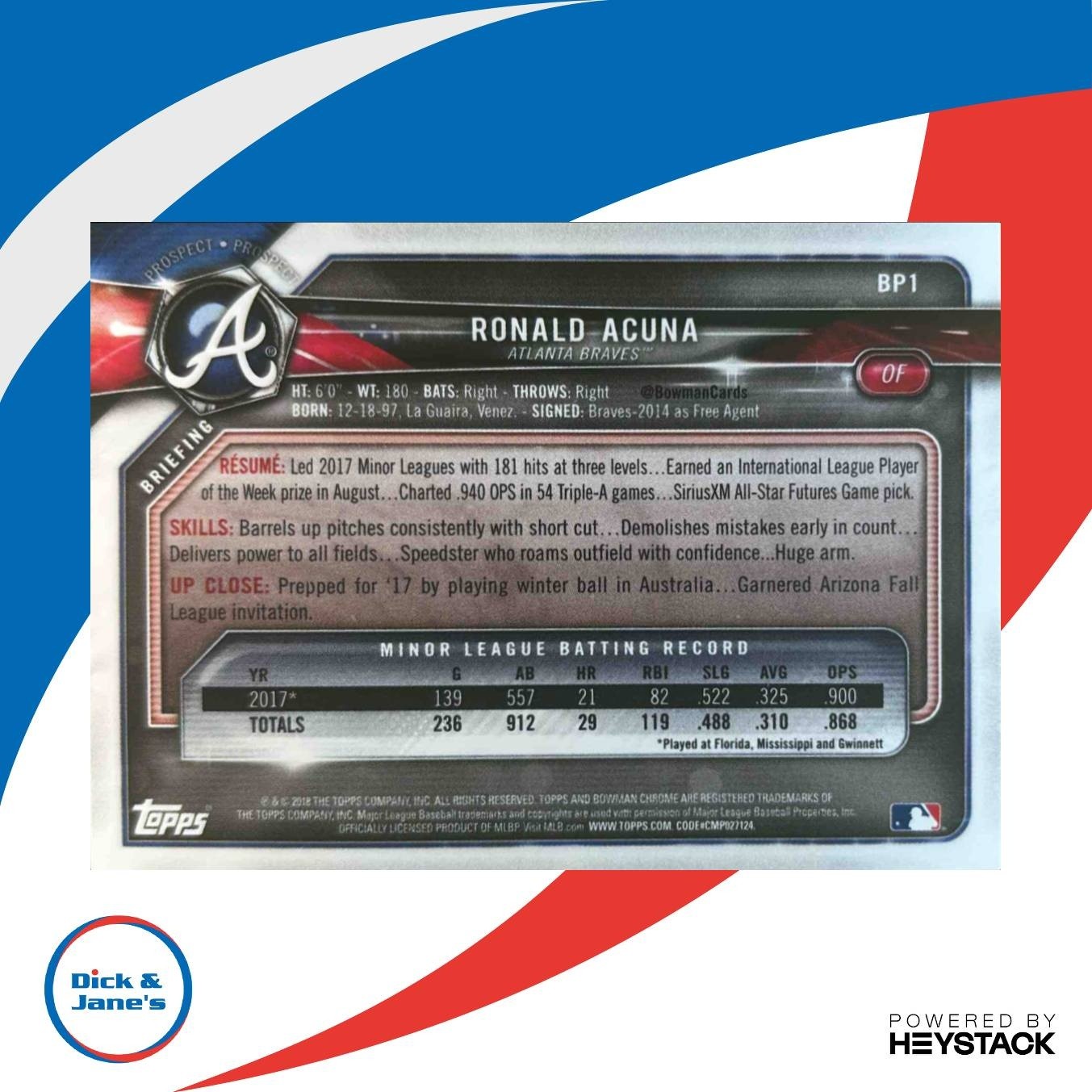 2018 Bowman Ronald Acuna Prospects #BP1 RC Atlanta Braves - Sports Cards