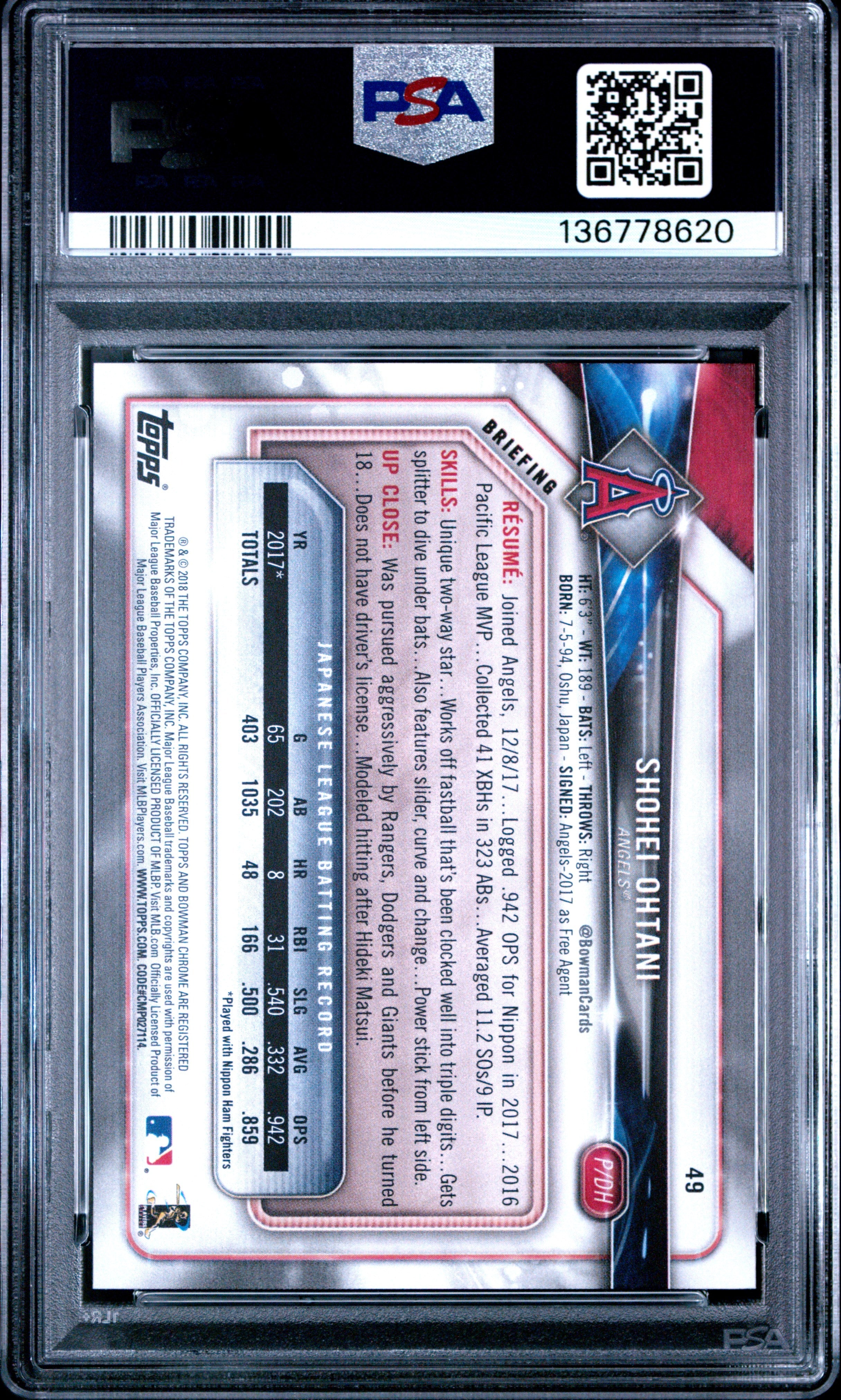 2018 Bowman Shohei Ohtani Rookie #49 PSA 8 Los Angeles Angels - Graded Sports Cards