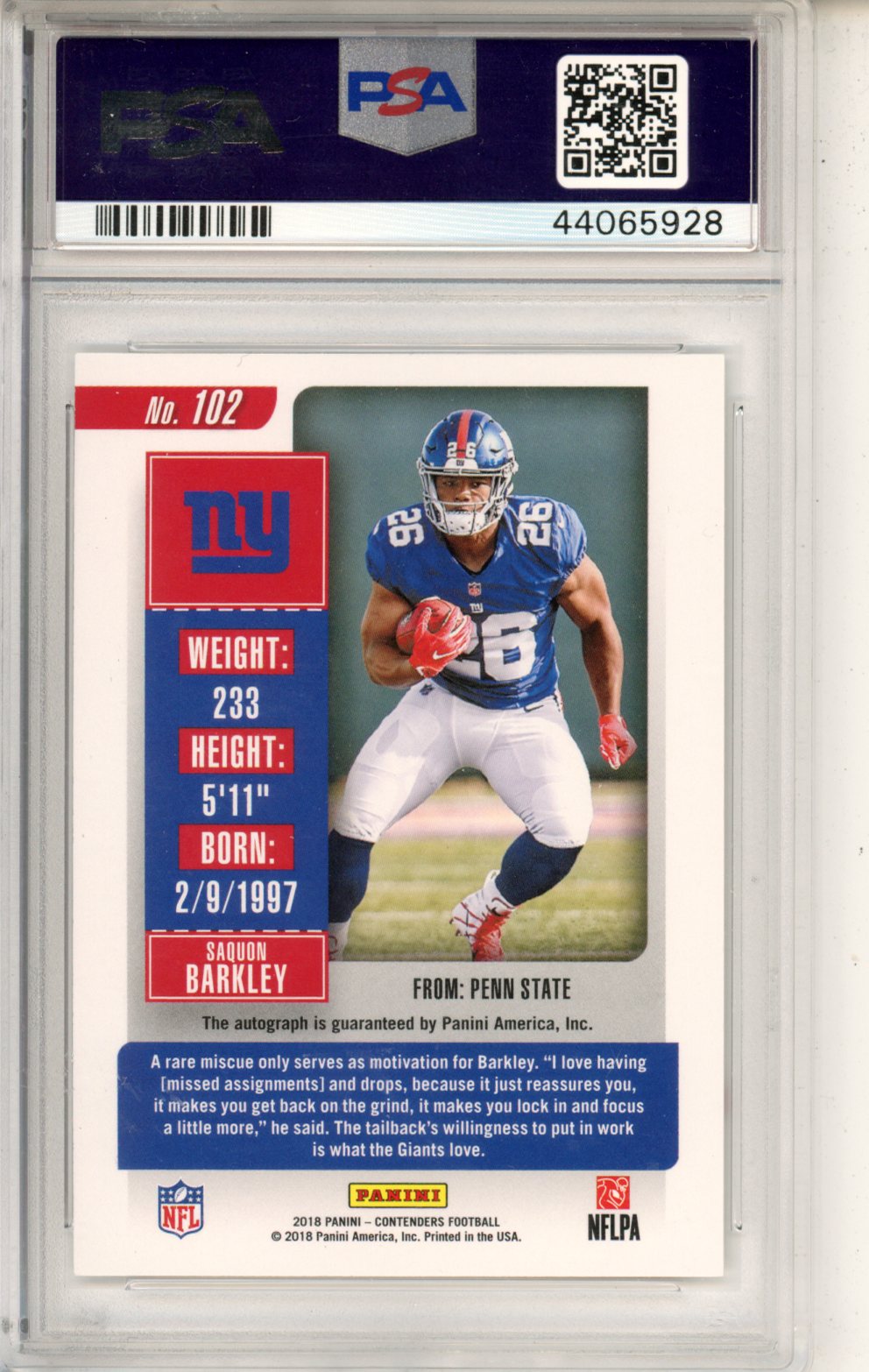 2018 Contenders Saquon Barkley Autograph Rookie #102 PSA 10 GEM New York Giants - Graded Sports Cards
