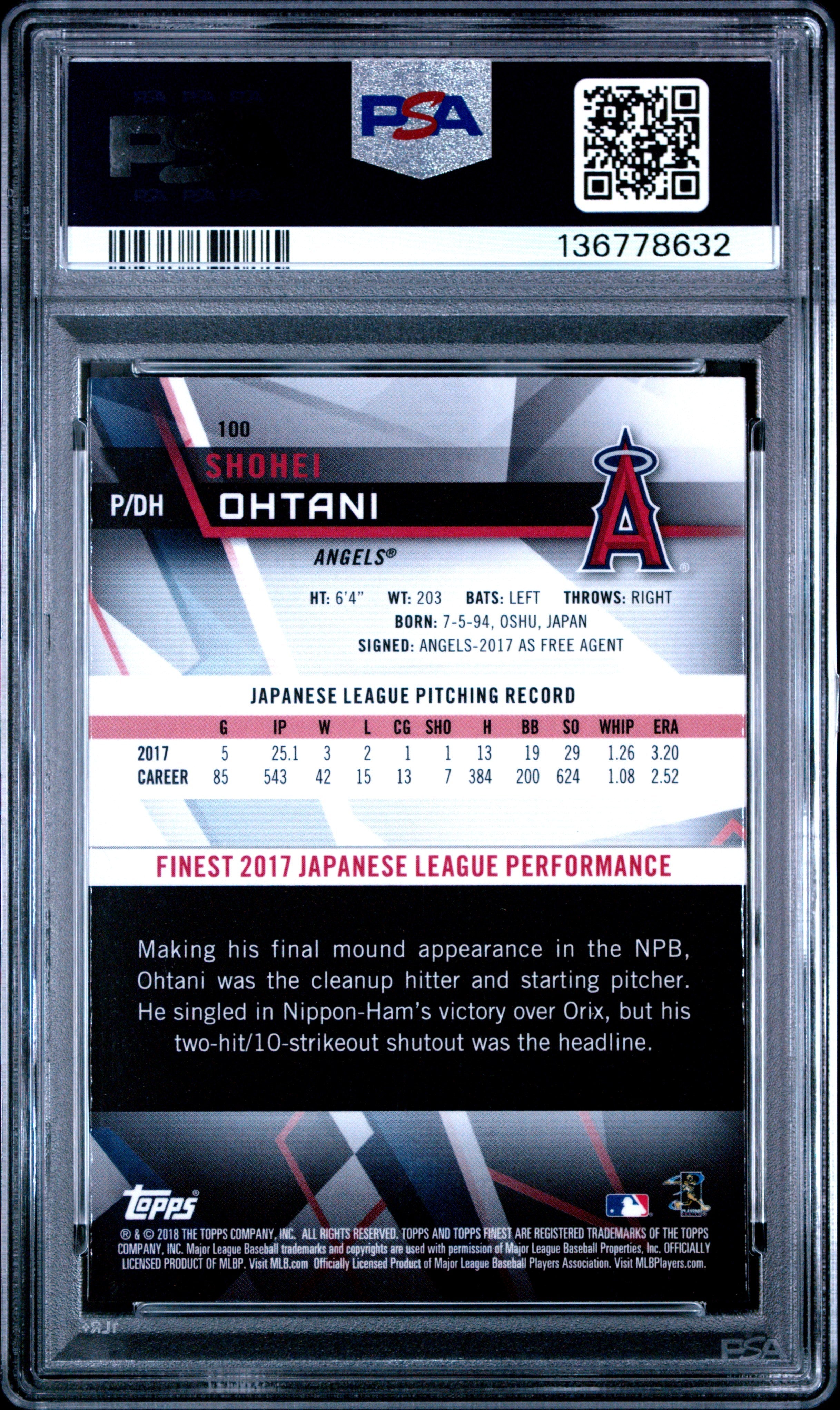 2018 Finest Shohei Ohtani Rookie #100 PSA 8 Los Angeles Angels - Graded Sports Cards