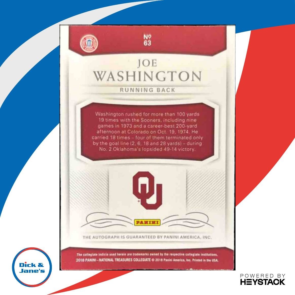 2018 National Treasures Collegiate Joe Washington Auto /99 #63 Oklahoma Sooners - Sports Cards