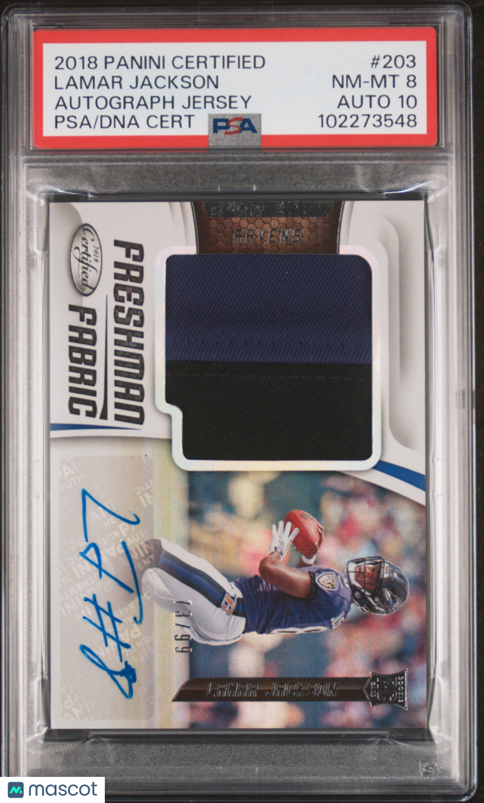 2018 Panini Certified Lamar Jackson Rookie Autograph Jersey 73/99 #203 PSA 8 - Graded Sports Cards