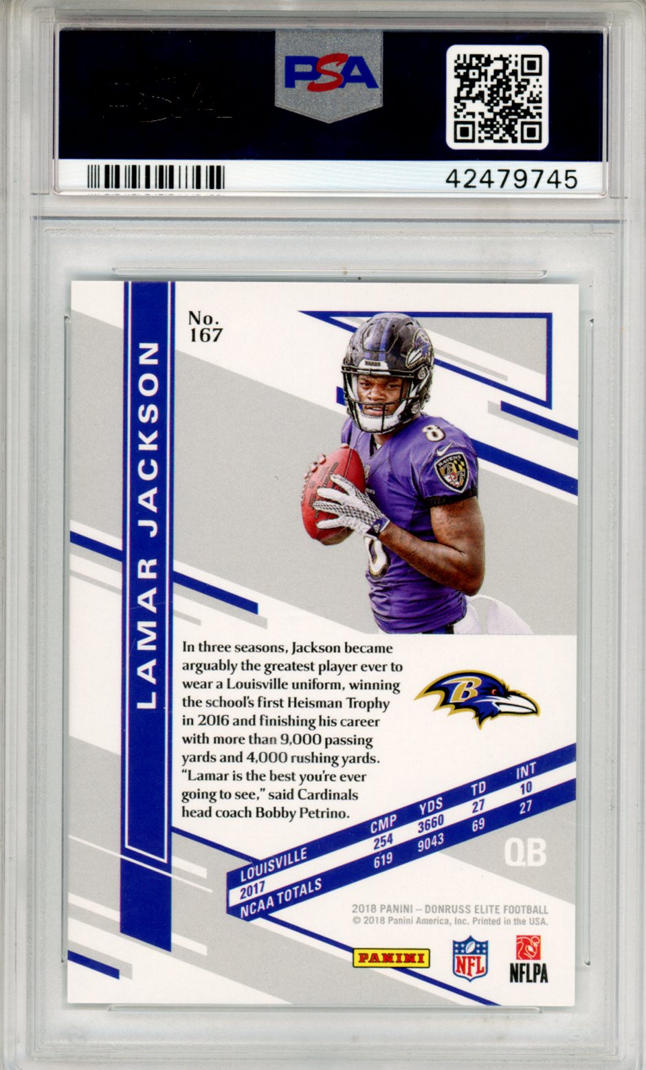 2018 Panini Donruss Elite Lamar Jackson 696/699 Rookie #167 PSA 10 GEM MINT - Graded Sports Cards