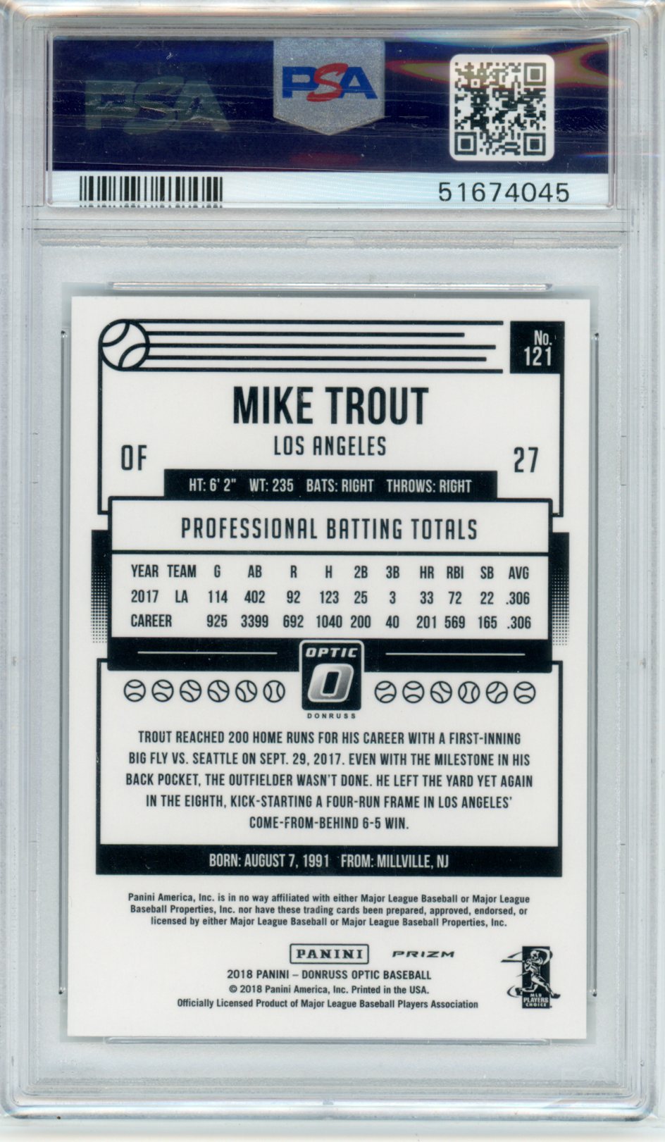 2018 Panini Donruss Optic Mike Trout Pre Swing Holo #121 PSA 10 - Graded Sports Cards