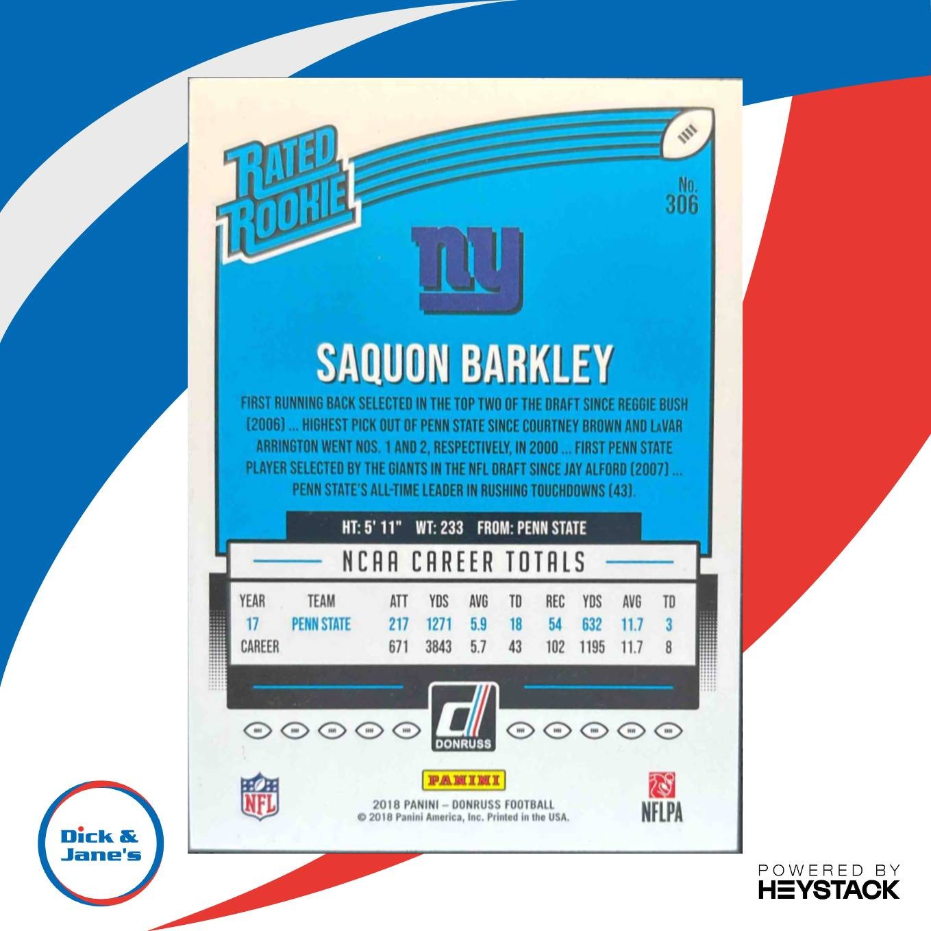 2018 Panini Donruss Saquon Barkley Press Proof Red #306 RC New York Giants - Sports Cards