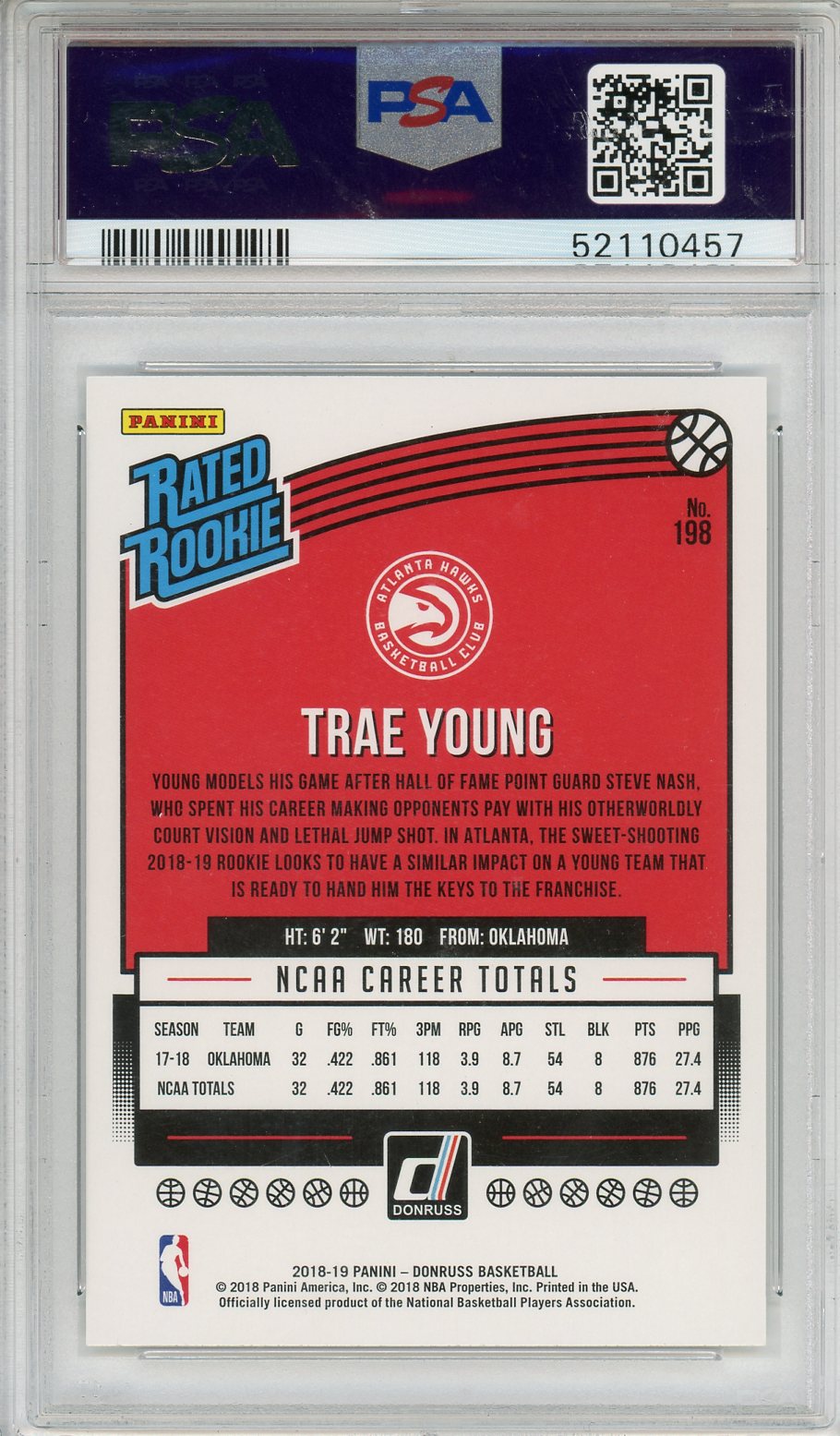 2018 Panini Donruss Trae Young Rookie #198 PSA 10 Atlanta Hawks - Graded Sports Cards