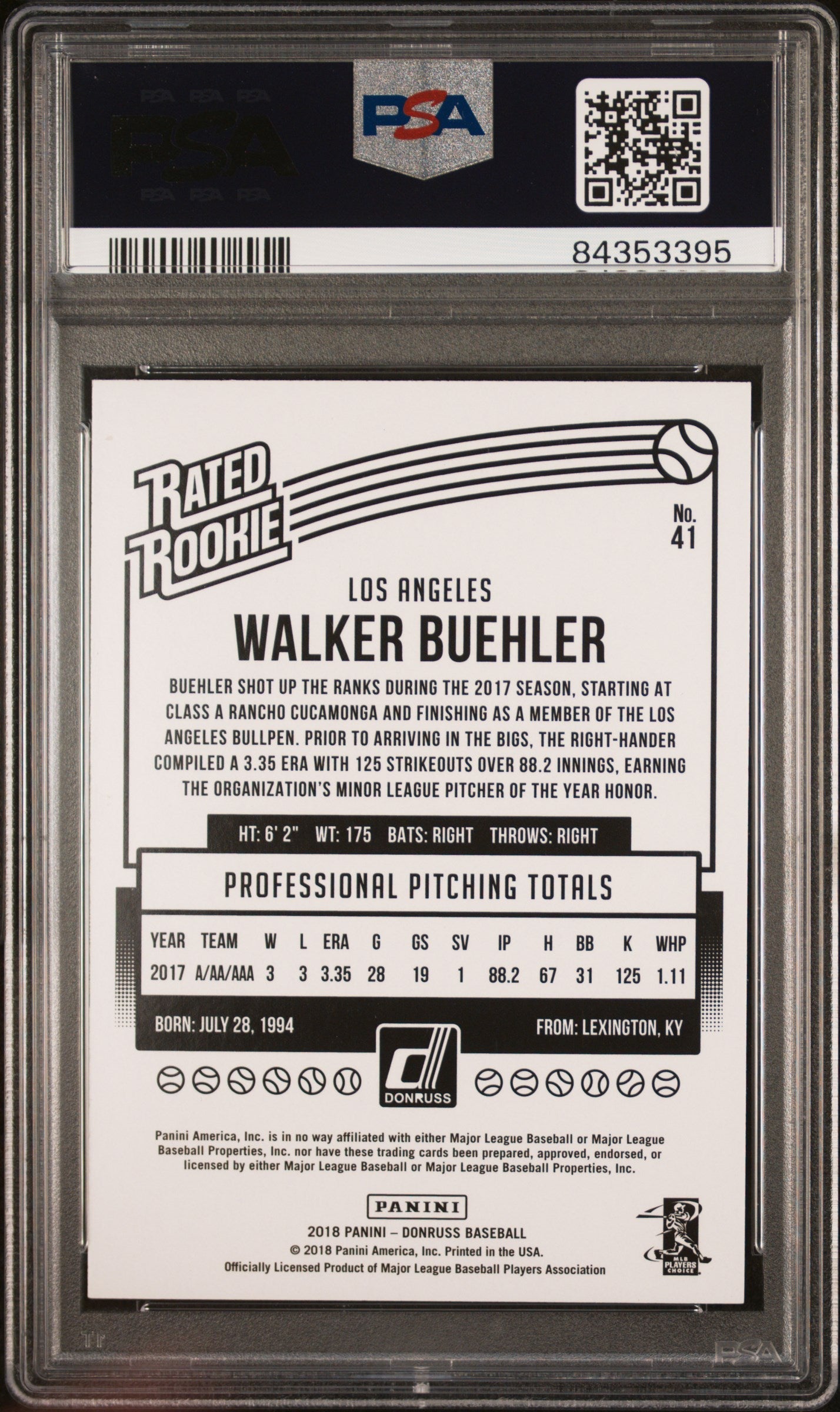 2018 Panini Donruss Walker Buehler #41 PSA 10 - Graded Sports Cards
