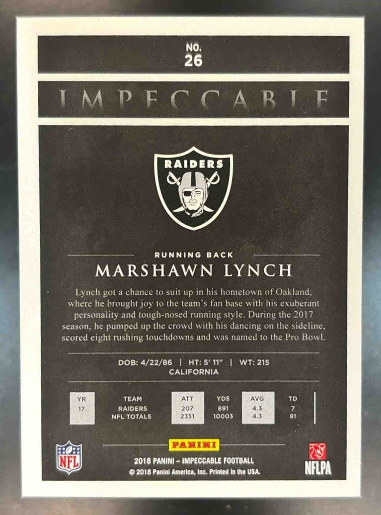 2018 Panini Impeccable Marshawn Lynch Gold /10 #26 Oakland Raiders - Sports Cards