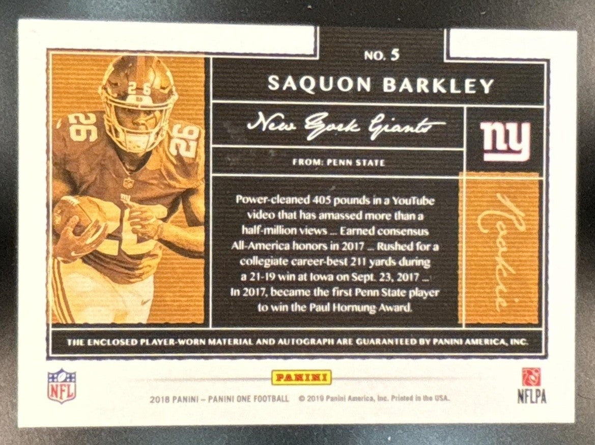 2018 Panini One Saquon Barkley Rookie Patch Auto Blue /99 #5 RC New York Giants - Sports Cards