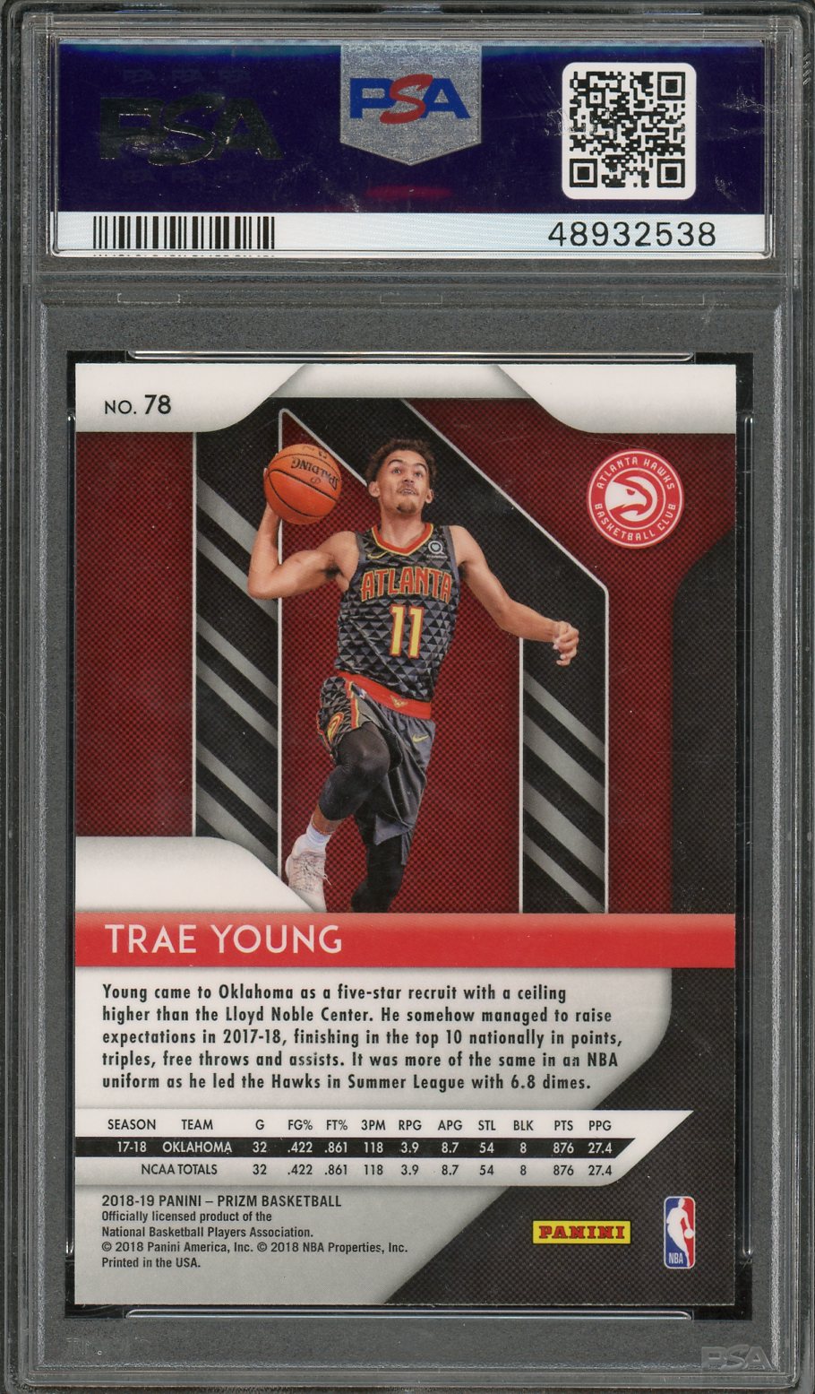 2018 Panini Prizm Trae Young Rookie #78 PSA 9 Atlanta Hawks - Graded Sports Cards