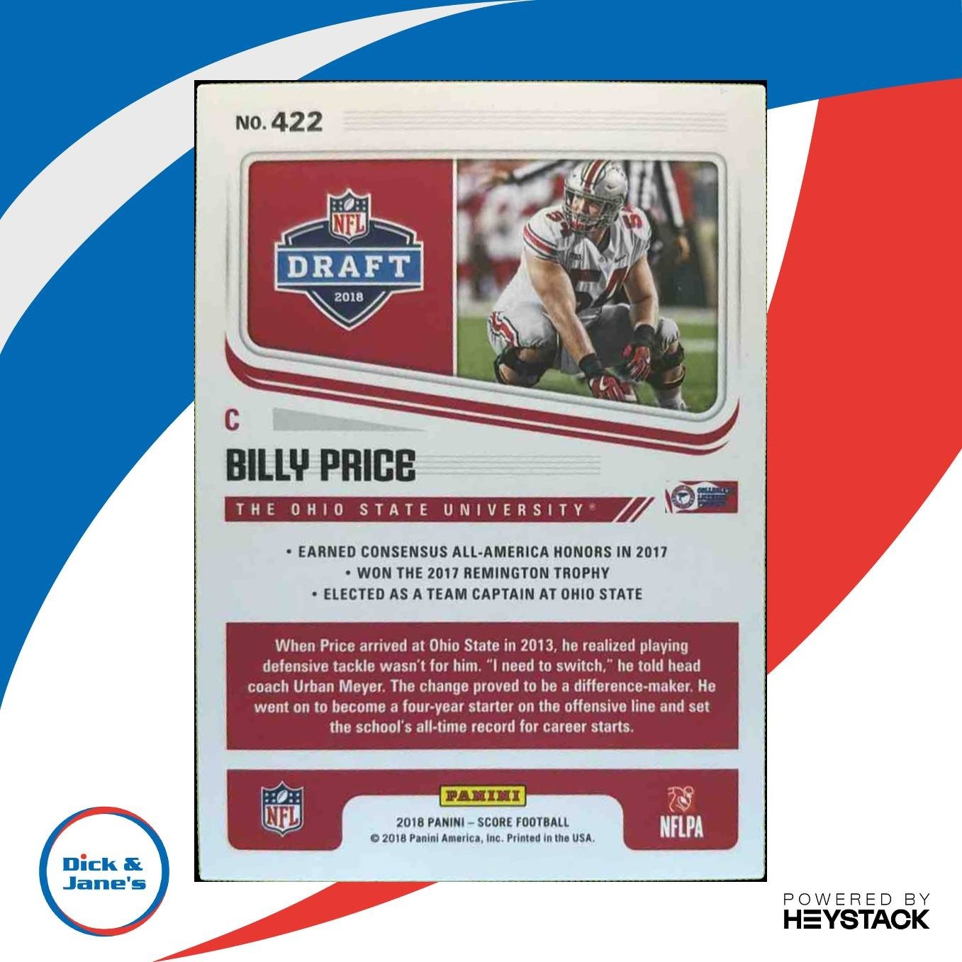 2018 Panini Score Billy Price Rookie Auto #422 RC Ohio State Buckeyes - Sports Cards