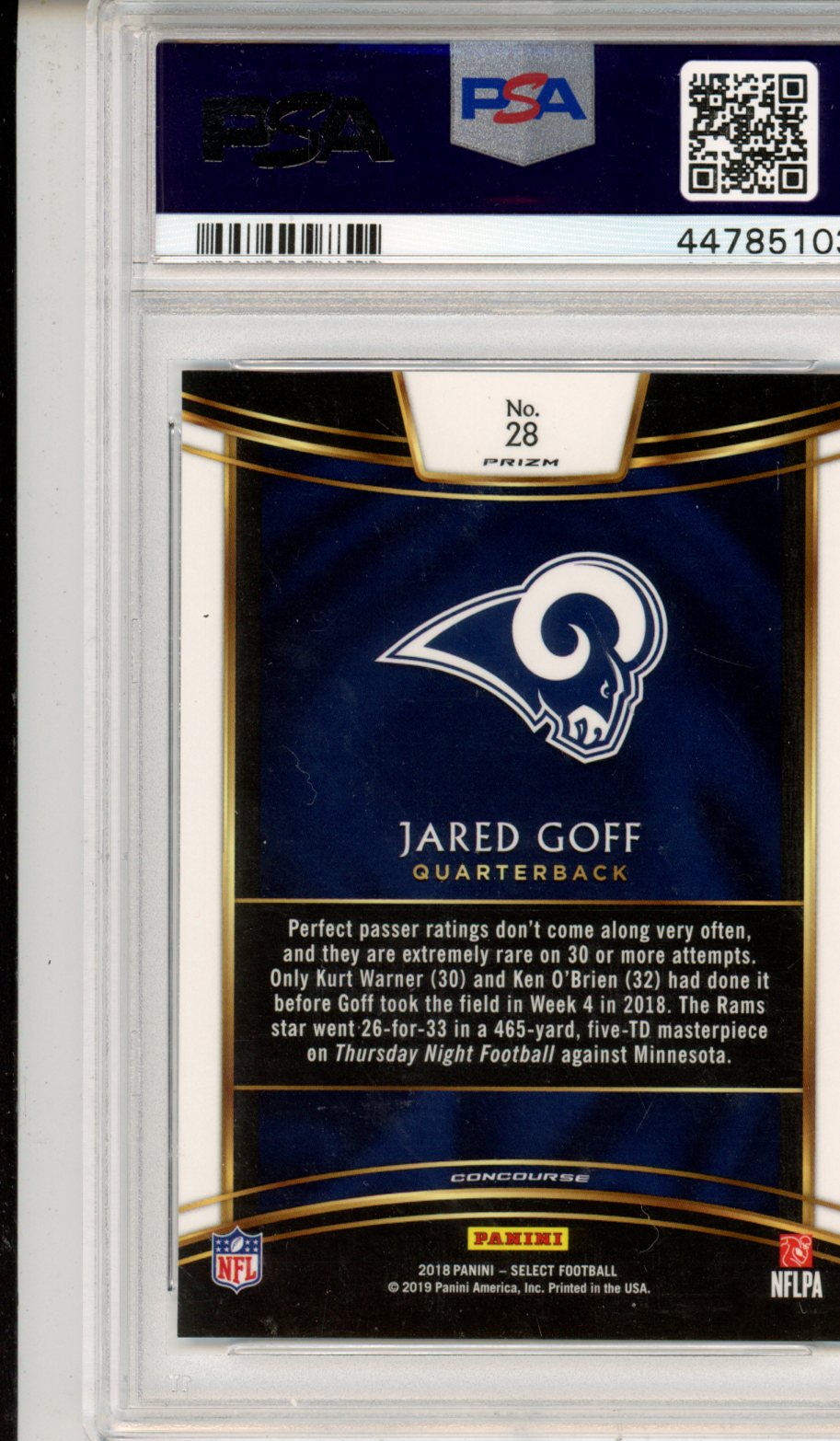 2018 Panini Select Jared Goff Zebra Prizm Short Print PSA 10 Los Angeles Rams Graded Sports Cards