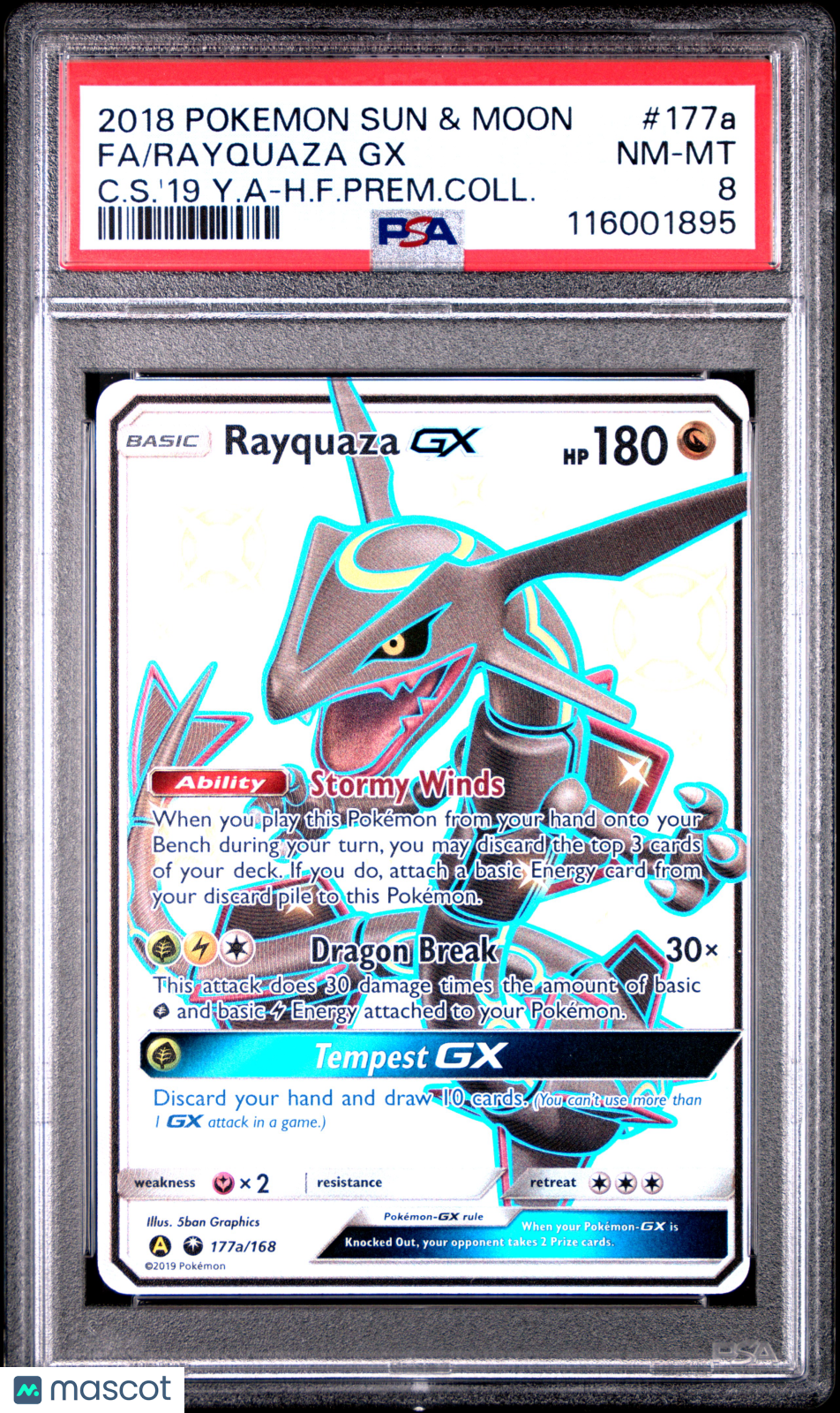 2018 Pokemon SM Celestial Storm Rayquaza GX #177a FA C.S.’19 Prem.Coll. PSA 8 - Graded TCG/CCG
