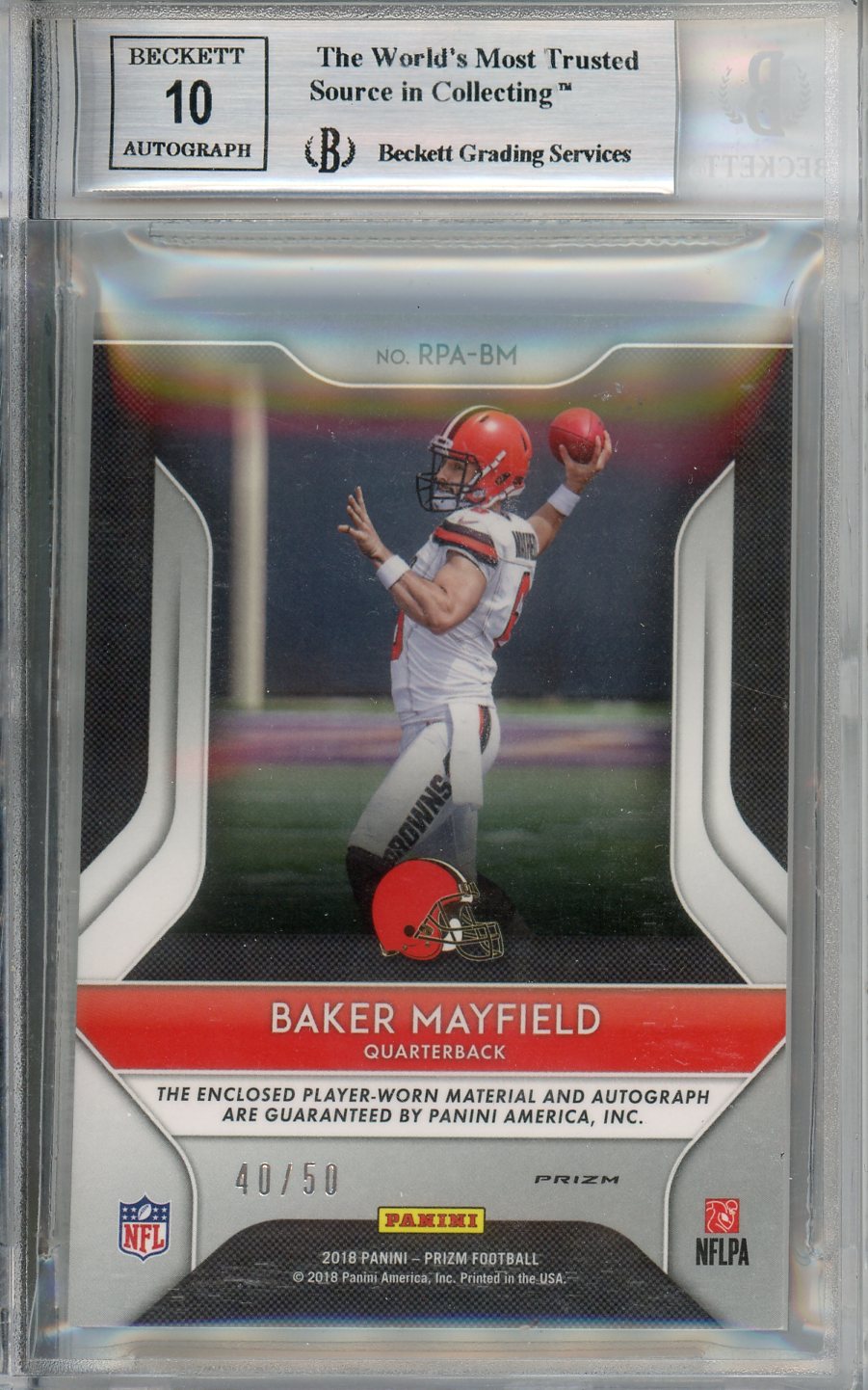 2018 Prizm Baker Mayfield Patch Autographs Purple Power /50 Rookie BGS 9 MINT - Graded Sports Cards