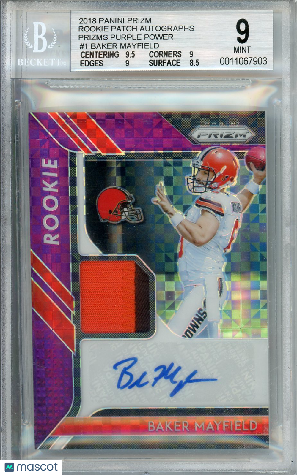 2018 Prizm Baker Mayfield Patch Autographs Purple Power /50 Rookie BGS 9 MINT - Graded Sports Cards