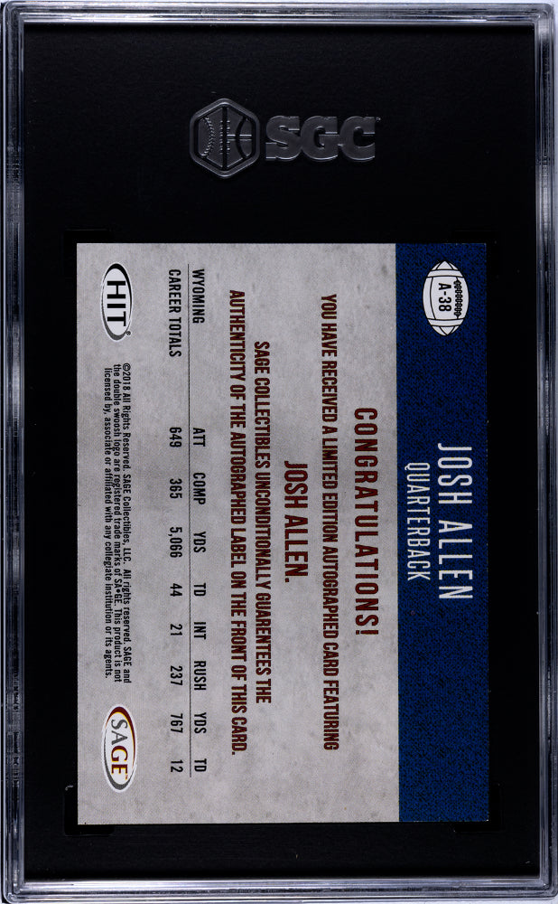 2018 Sage Hit Premier Draft Josh Allen Autograph Black #A-38 SGC 9 - Graded Sports Cards