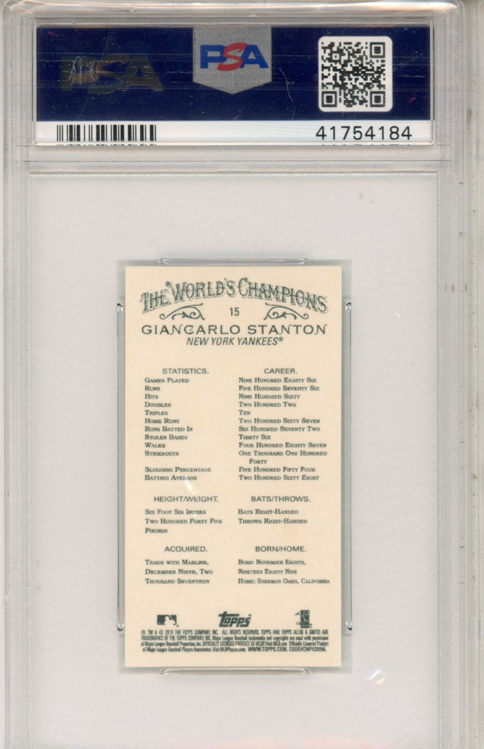 2018 Topps Allen & Ginter Giancarlo Stanton Mini #15 PSA 10 - Graded Sports Cards